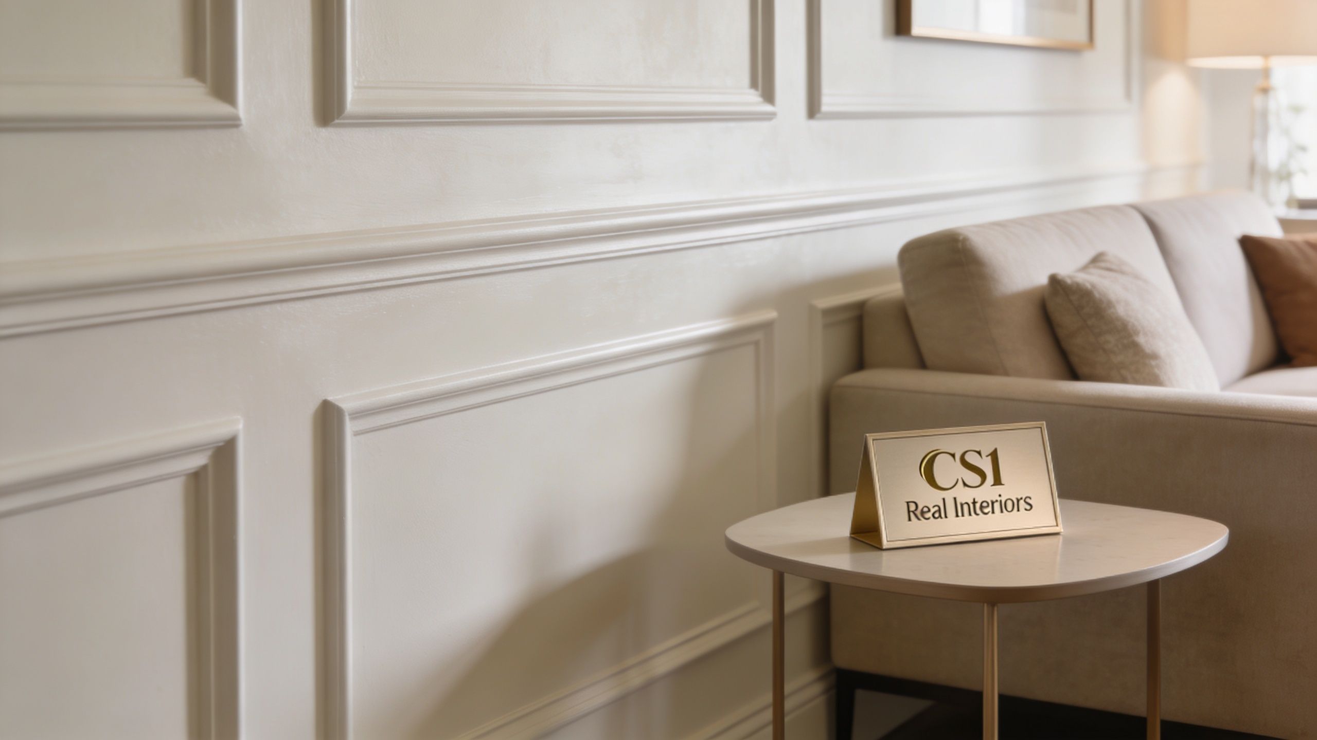 A professional sign for CS1 Real Interiors resting on a side table next to an elegant sofa.