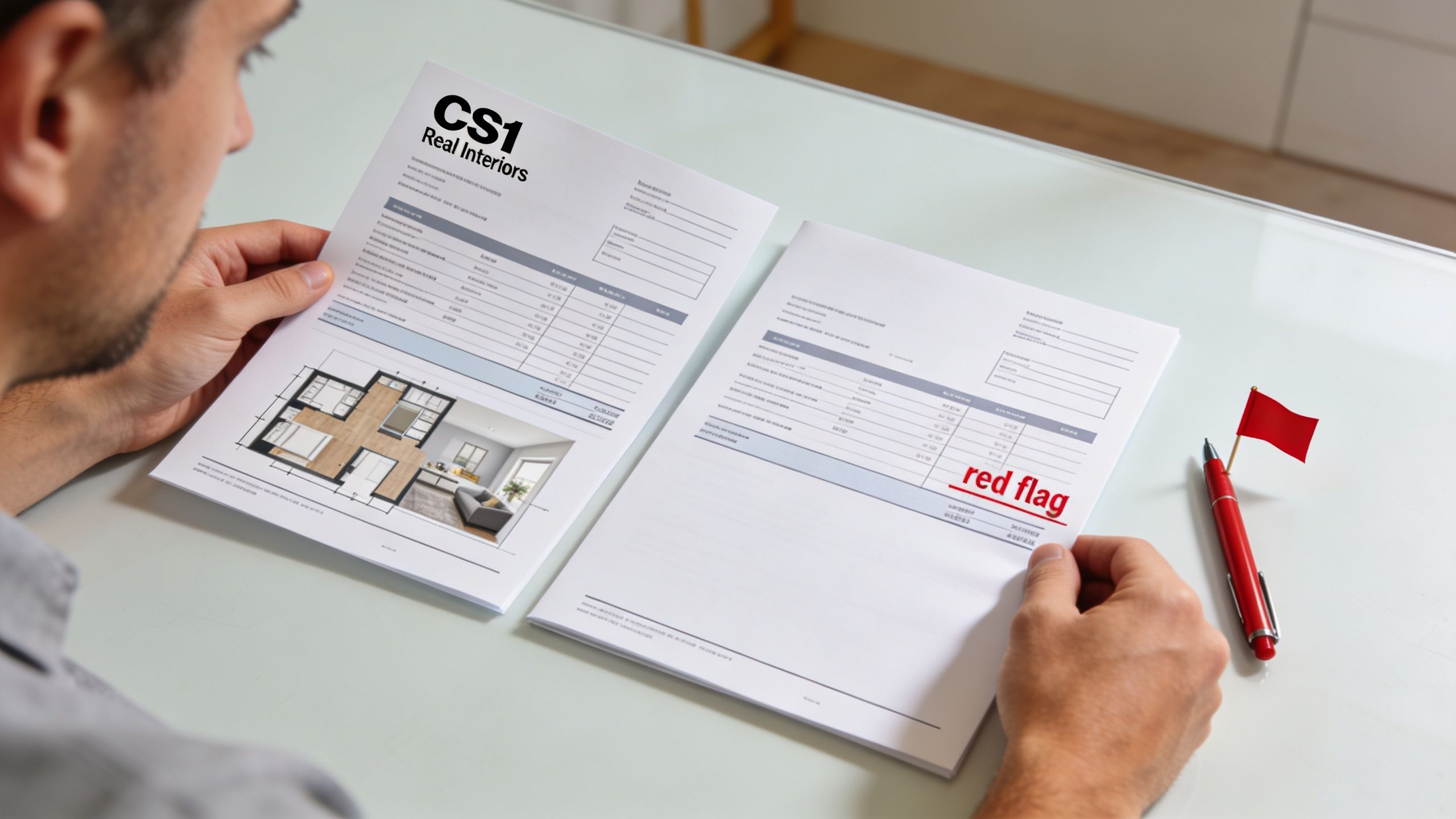 A man reviewing architectural interior design documents and floor plans at a clean glass desk.