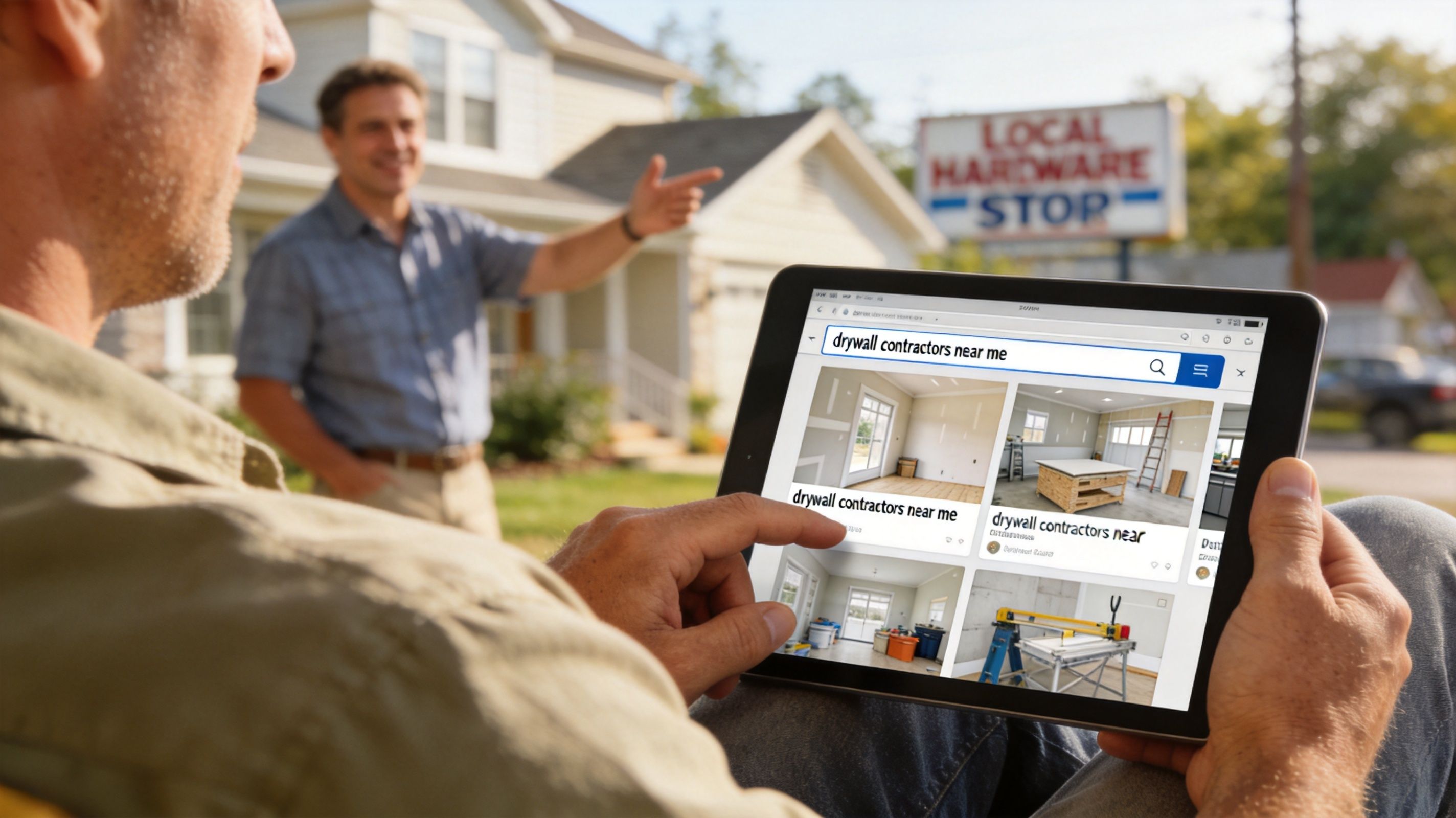 A person holds a tablet displaying search results for drywall contractors while another man points to a house.