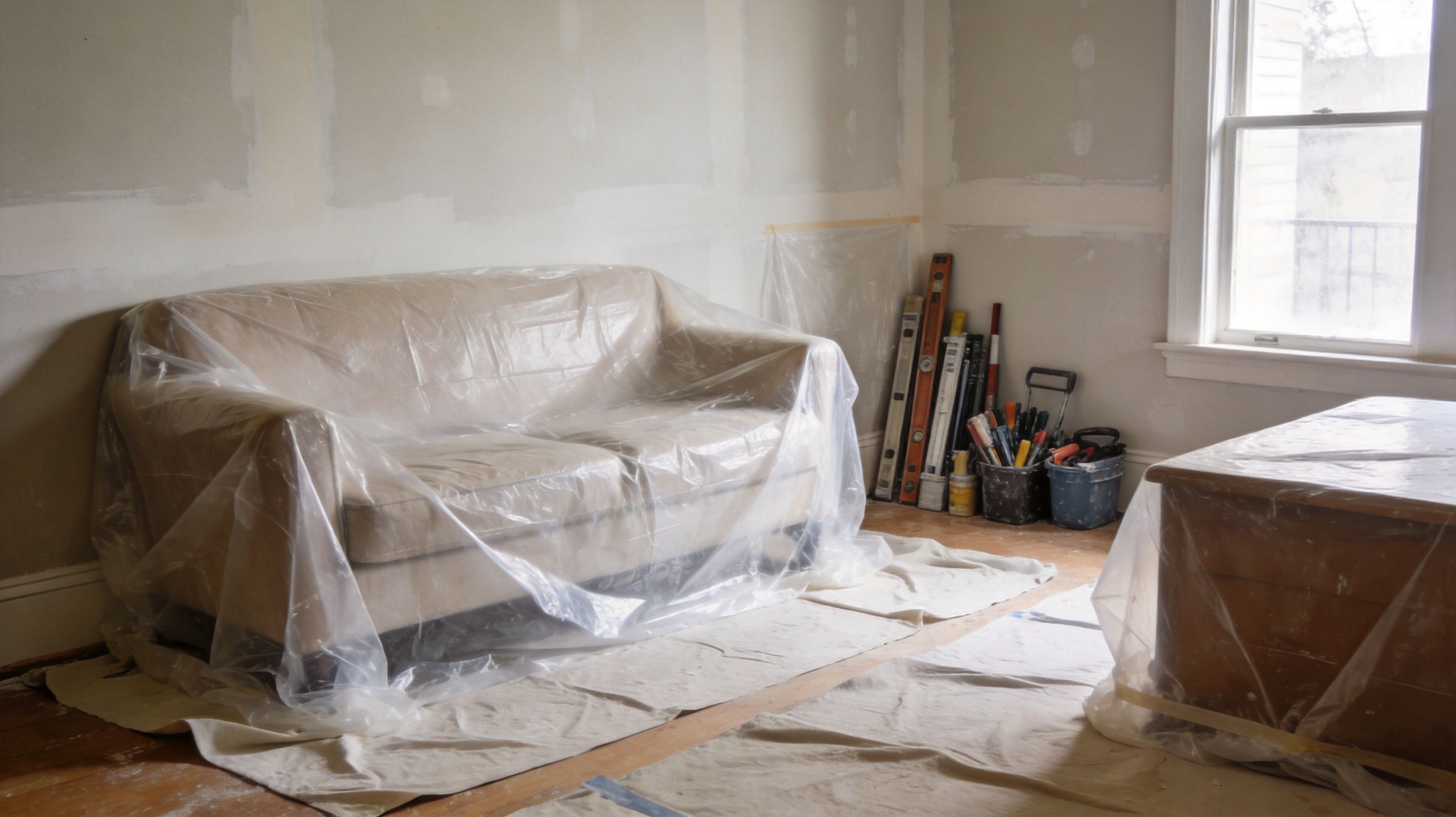 A room undergoing renovation with furniture covered in plastic sheeting and construction tools against the wall.