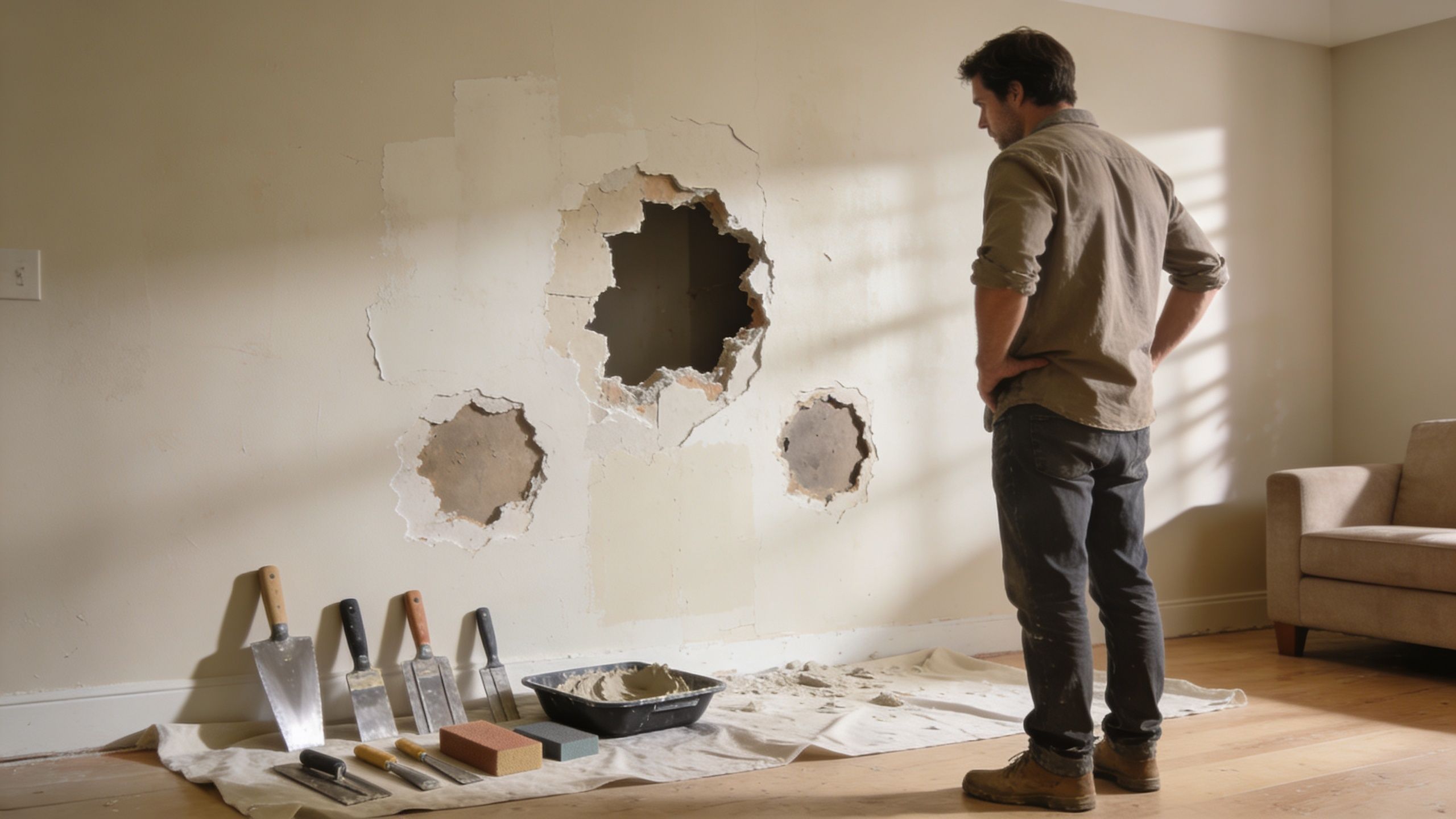 A man stands in a room looking at a wall with large holes needing drywall repair
