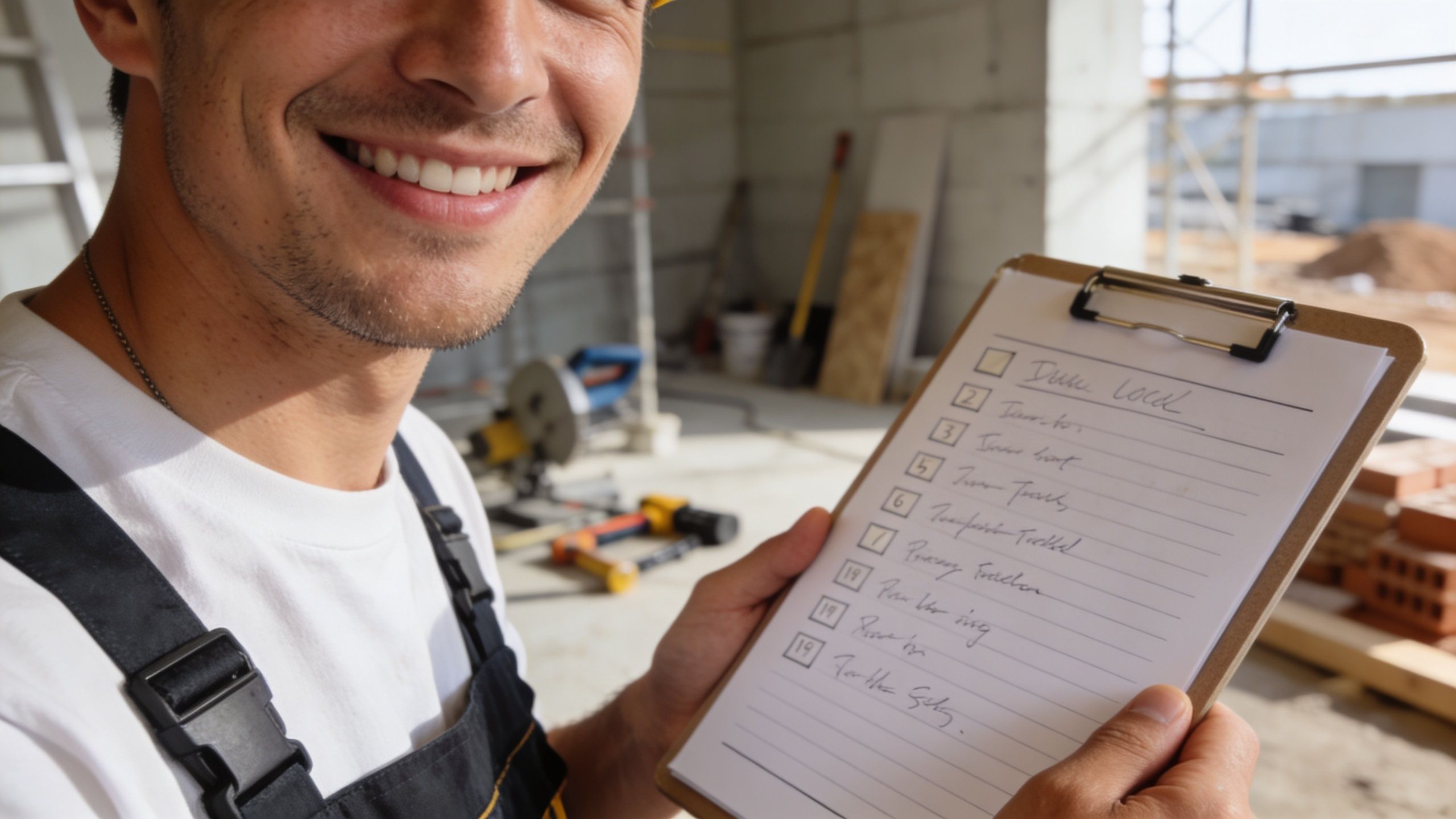 A smiling construction worker in uniform holds a clipboard with a handwritten checklist at a busy building site.