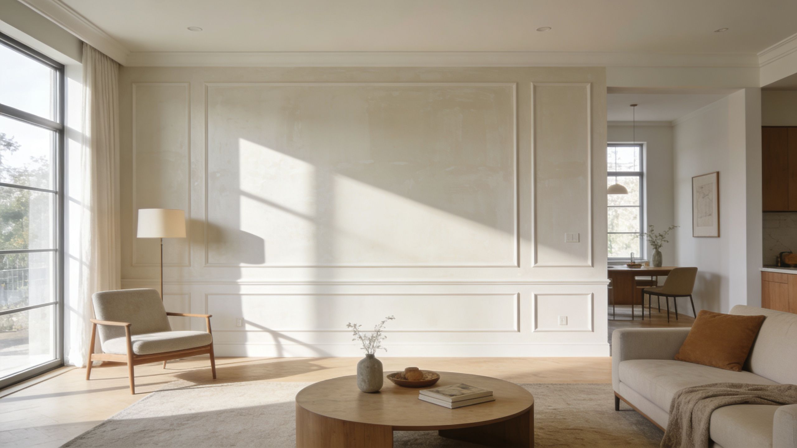 A modern minimalist living room featuring a textured beige accent wall with classic molding and warm sunlight.