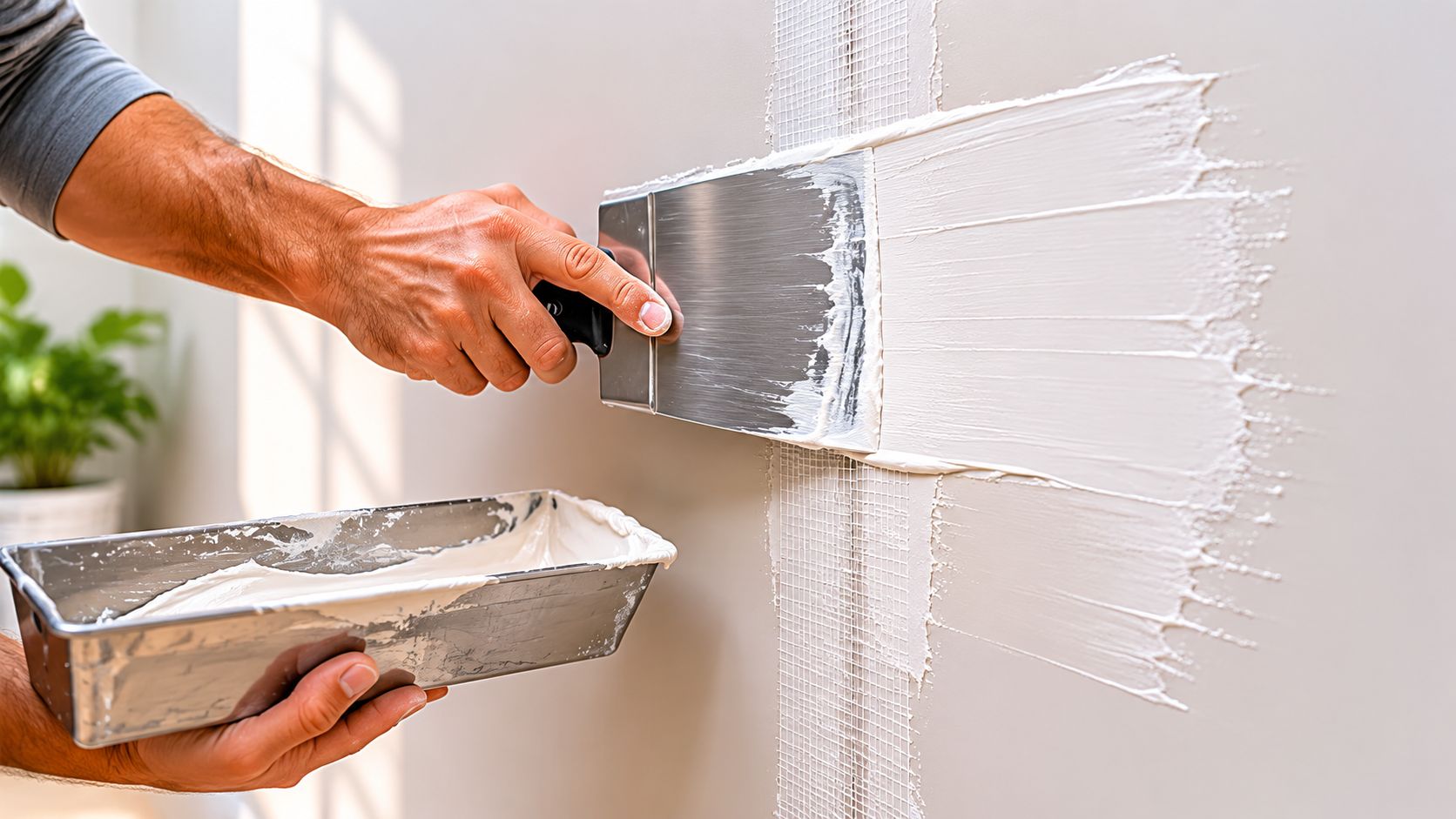 A close-up of a person using a putty knife to apply joint compound over drywall tape.