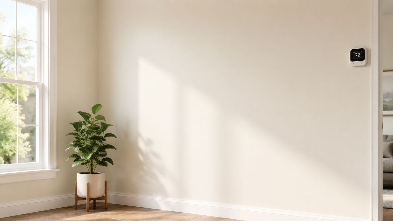 A minimalist corner of a room featuring a potted green plant and a digital thermostat on wall.