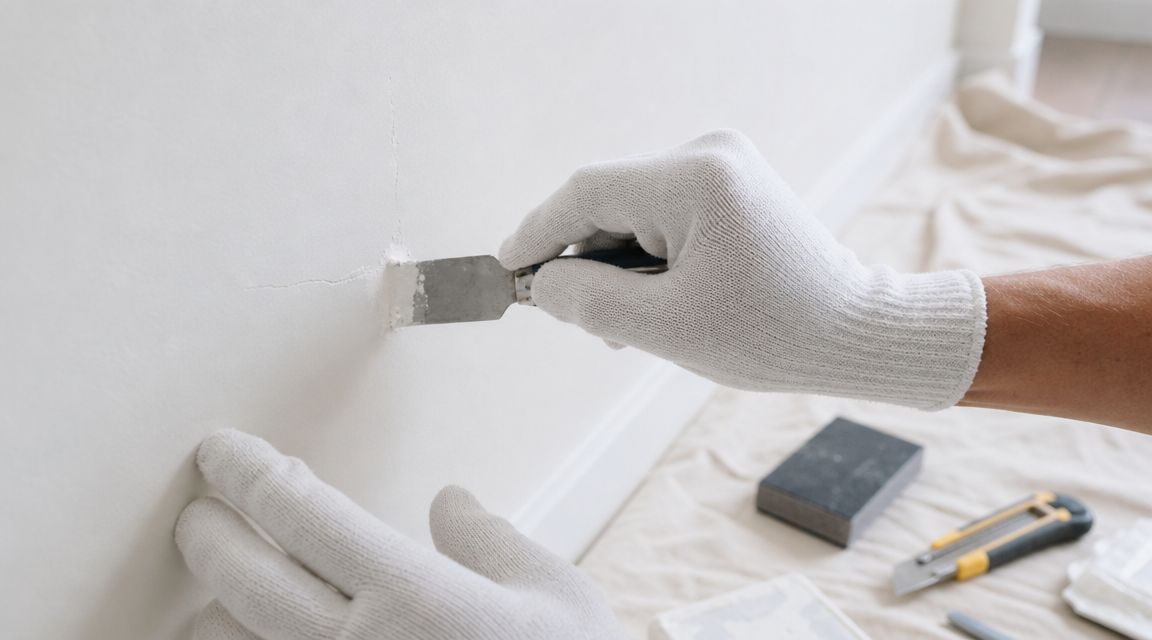 A construction worker wearing white gloves uses a metal putty knife to repair a crack in drywall.