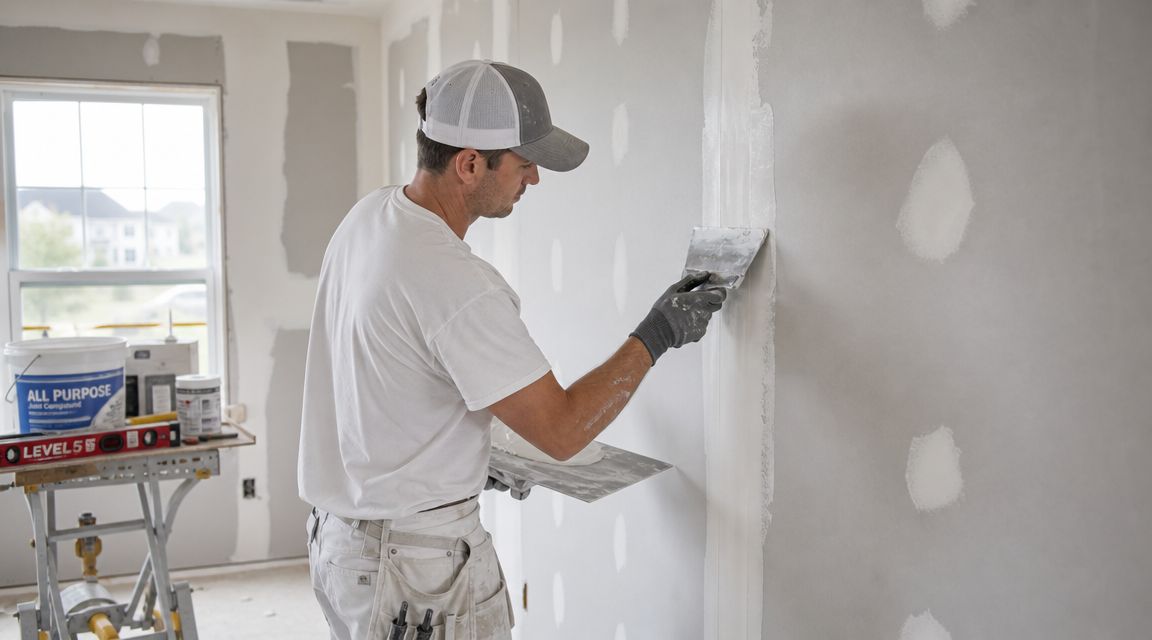 A professional construction worker applying drywall mud to a wall seam in a new residential building.