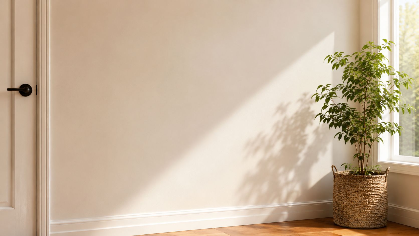 A minimalist room corner featuring a potted plant beside a pristine, smooth beige wall and door.