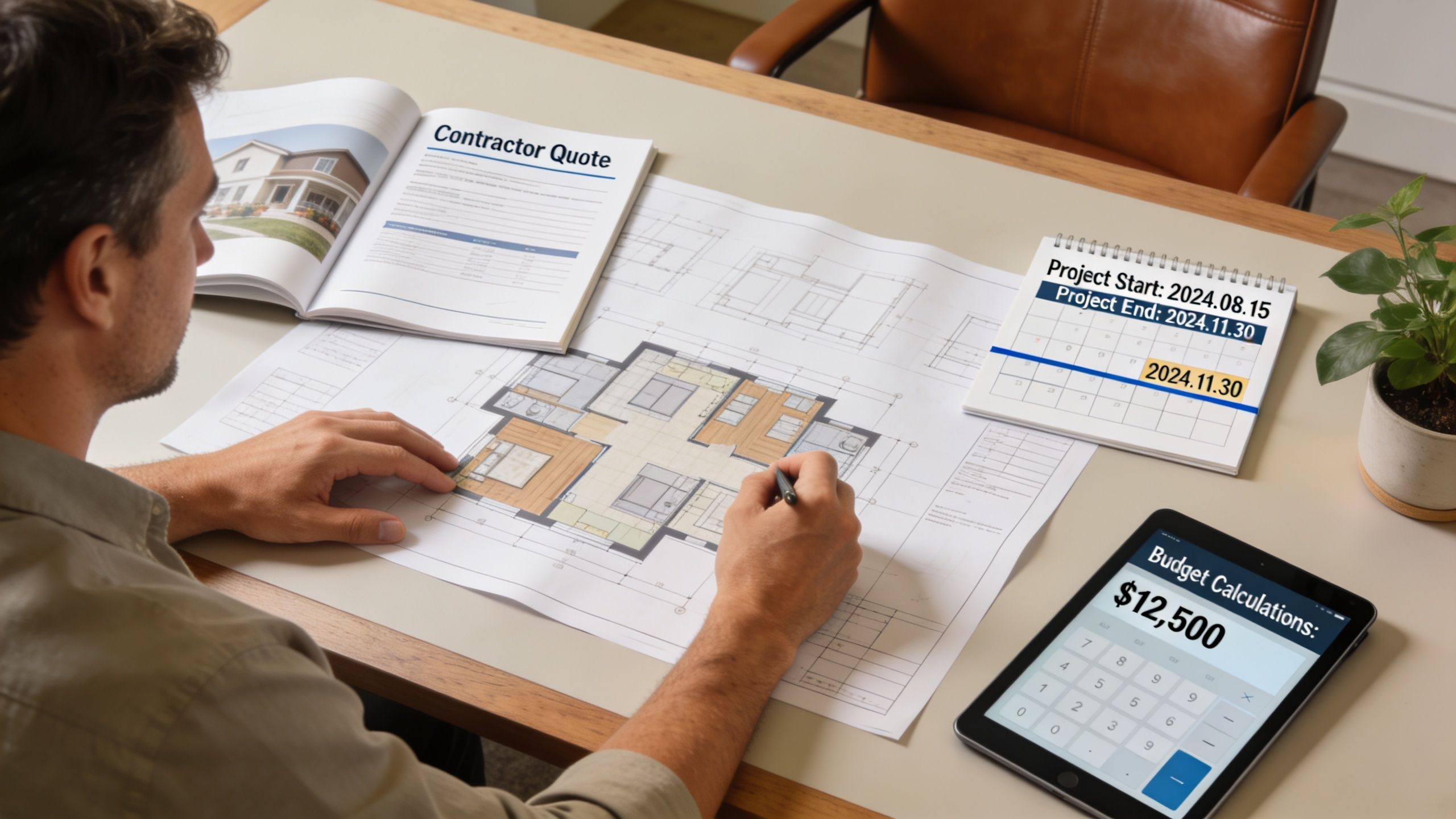 An architect reviews house blueprints on a desk with a contractor quote, calendar, and digital calculator.