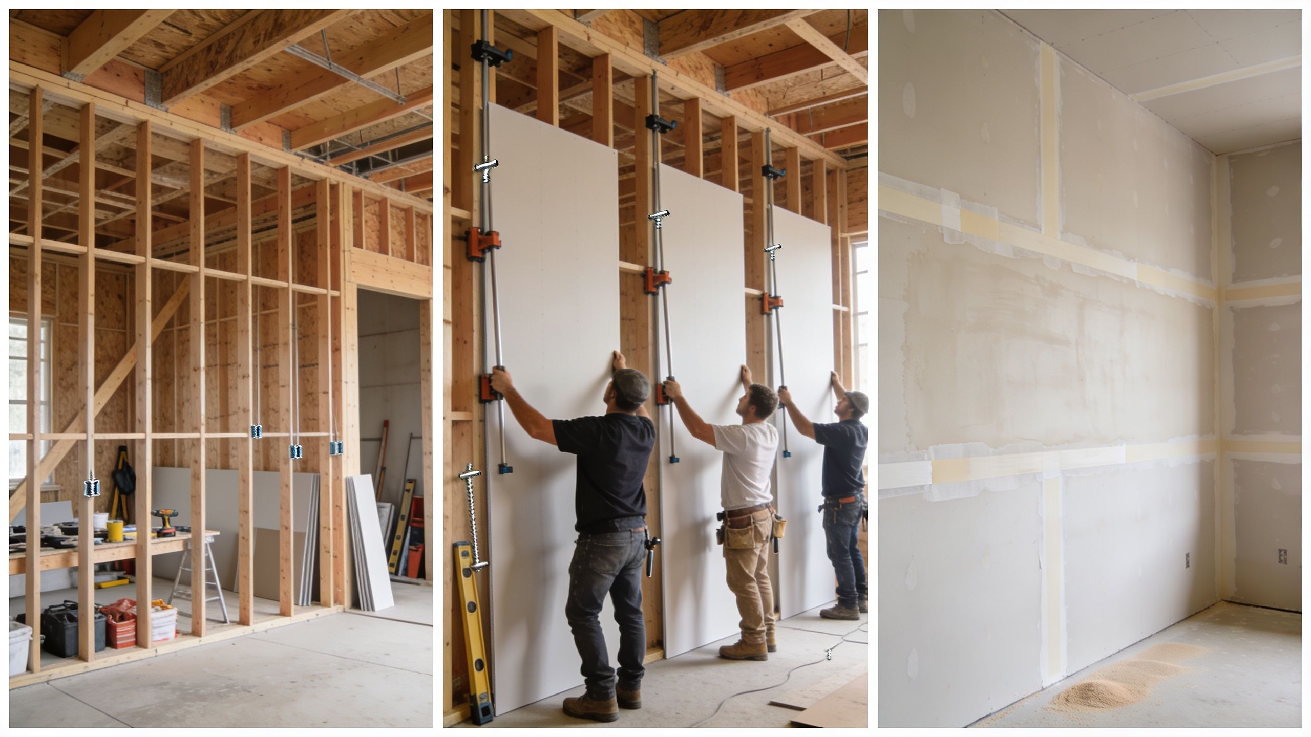 A three-part sequence showing a wooden frame, workers installing drywall panels, and a finished taped wall.