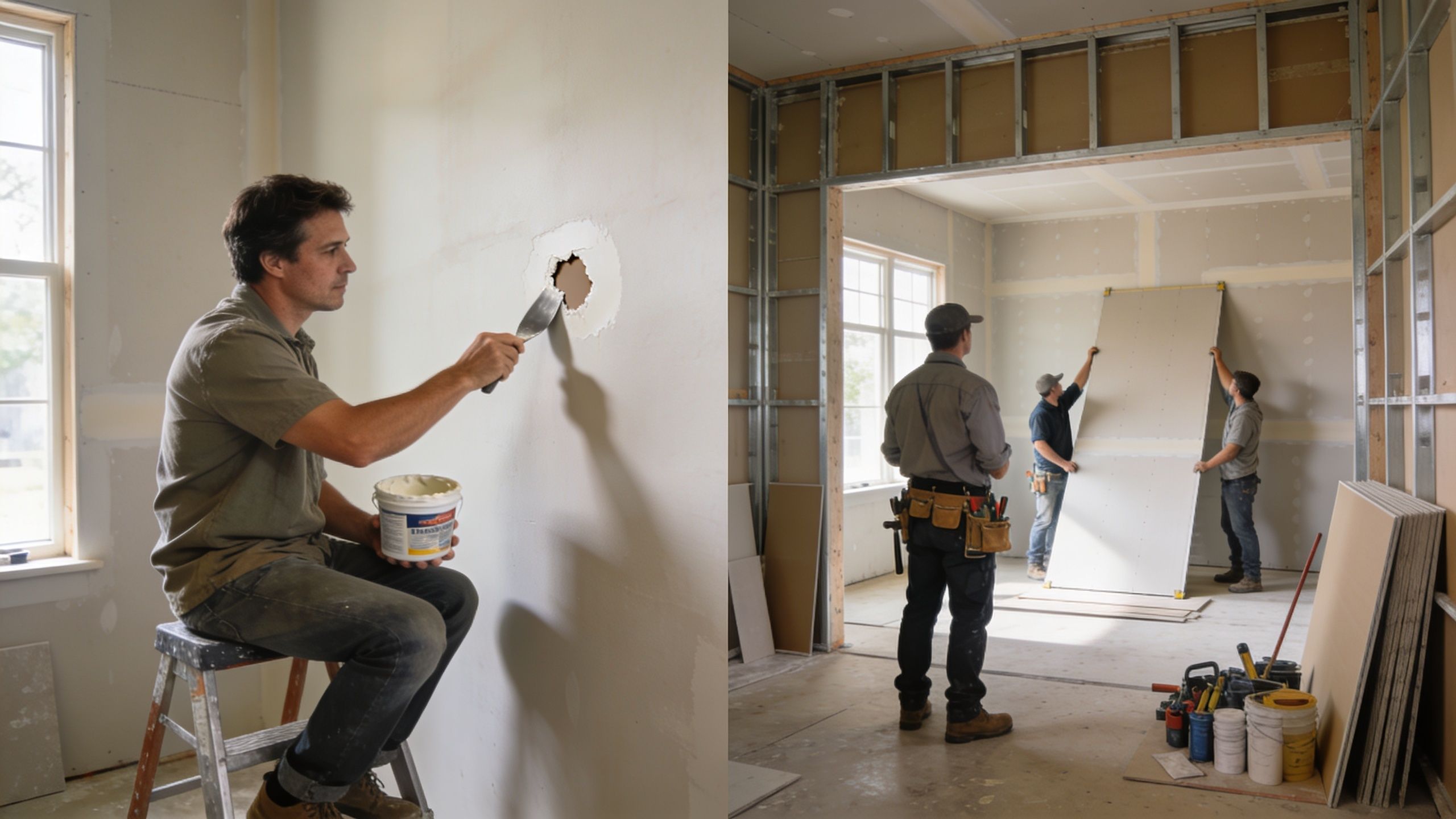 Construction workers installing drywall panels and repairing a hole in the wall of a building project.