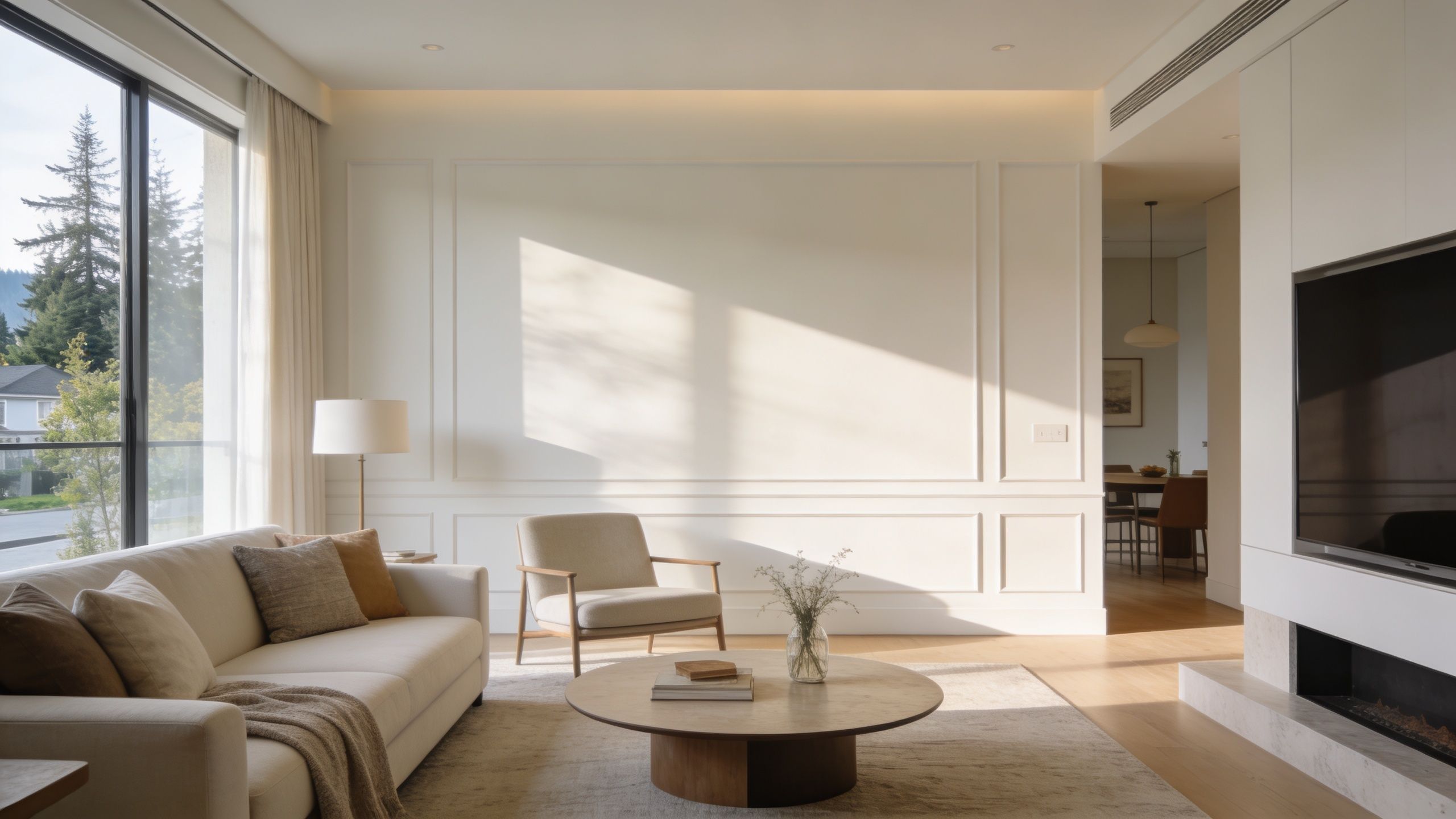 A modern and minimalist living room featuring neutral tones, white walls with molding, and soft natural sunlight.