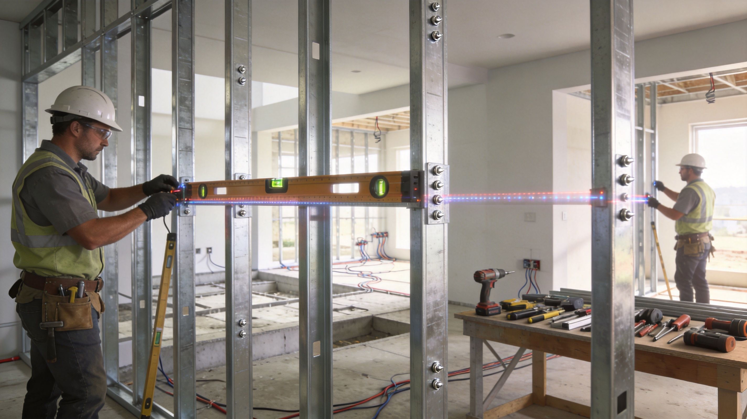 Two construction workers using a laser level to install steel studs in a residential framing project.