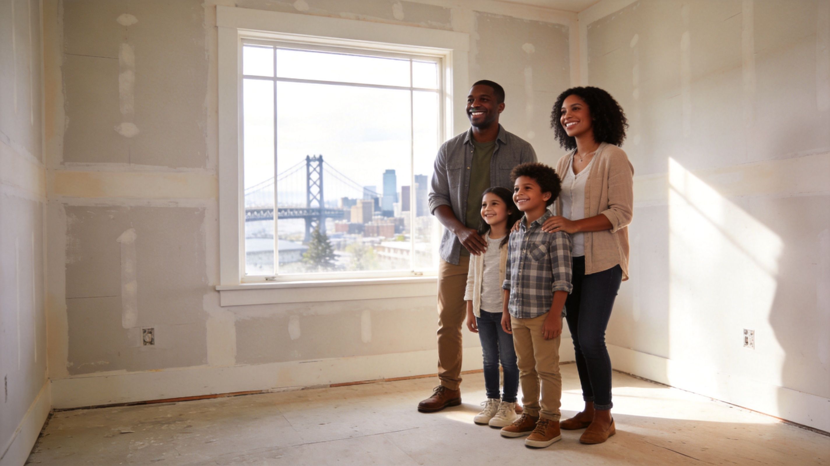 A happy family standing in an unfurnished room featuring drywall installation and a city view.