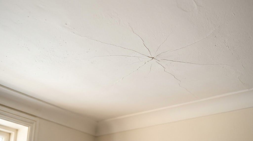 A ceiling showing spiderweb cracks indicating structural drywall damage needing professional repair in a room.