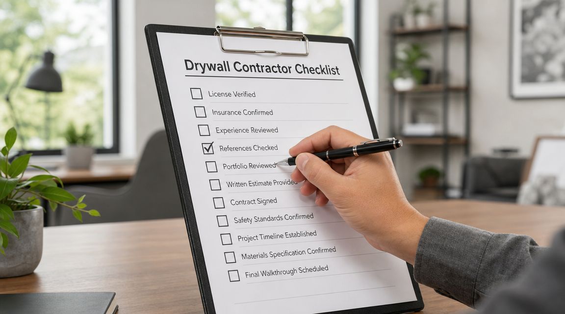 A person holding a pen over a drywall contractor checklist on a clipboard sitting on a wooden desk.