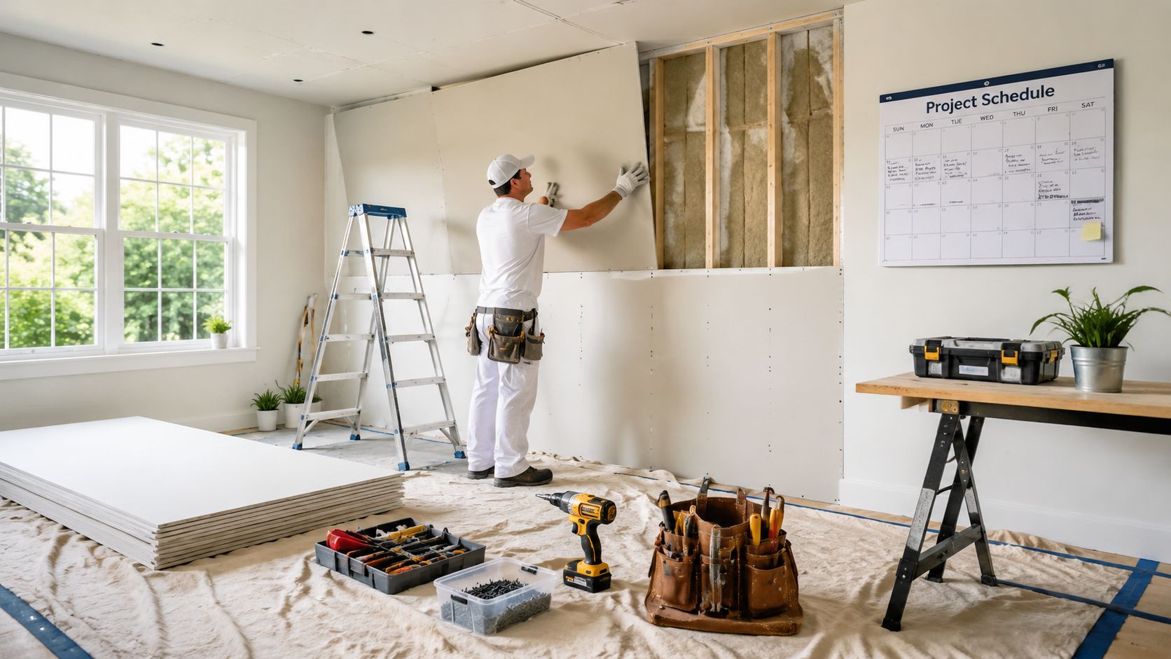 A professional construction worker installing drywall panels onto an interior wall during a home renovation project.
