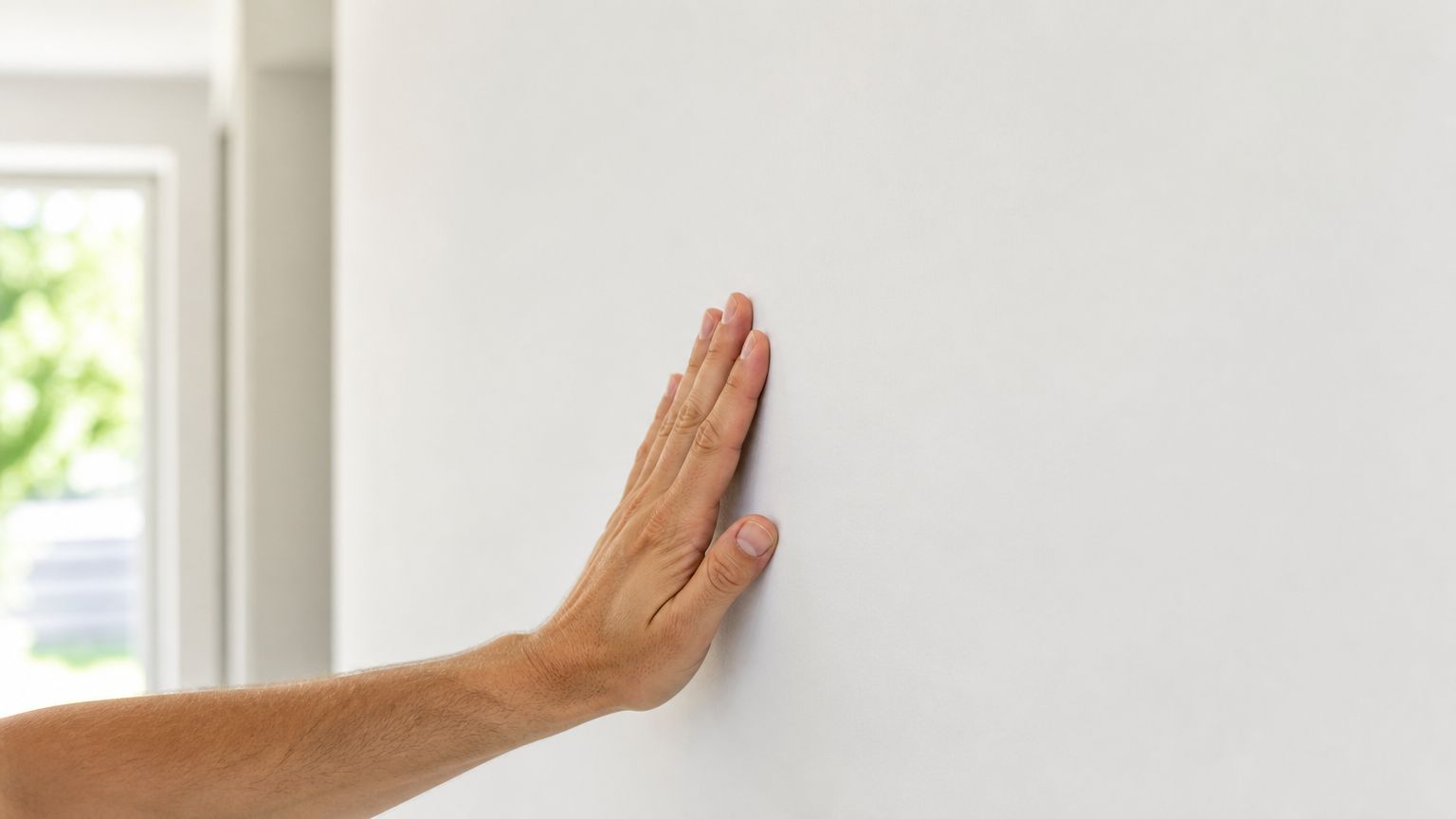 A professional checking the quality and smoothness of a freshly painted interior white drywall wall.