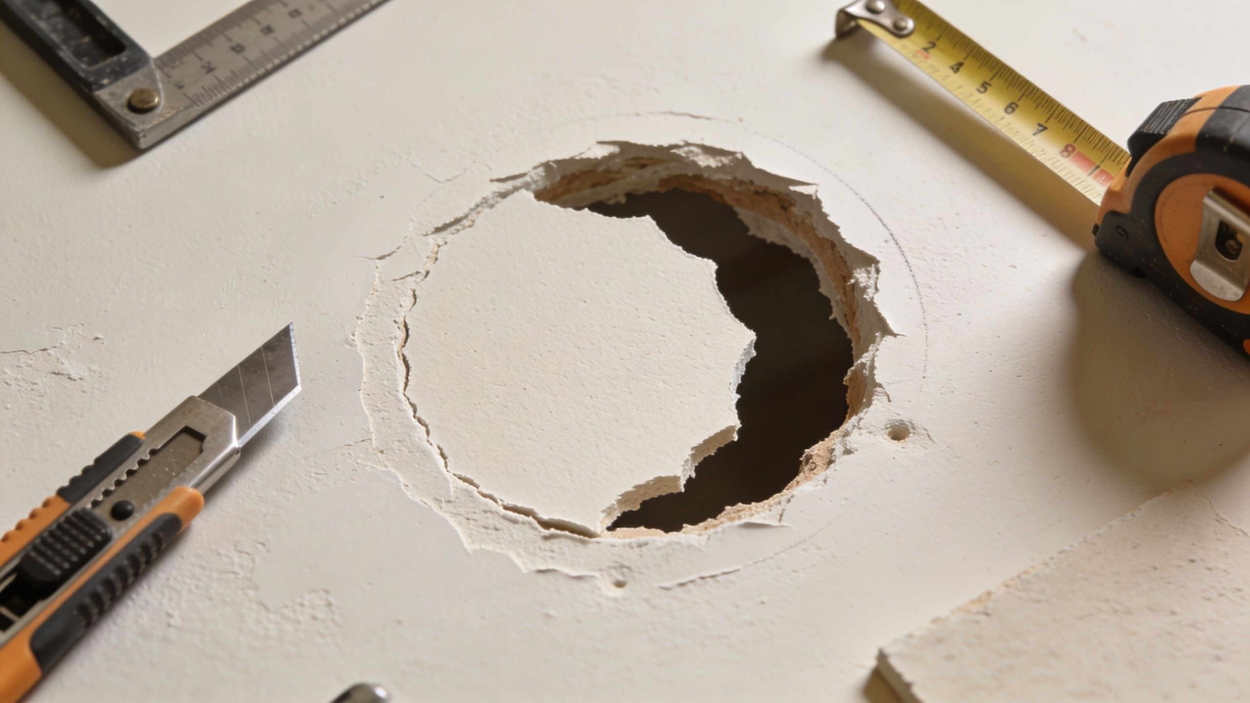 A circular hole cut into a white drywall ceiling with measuring tools and a utility knife nearby.