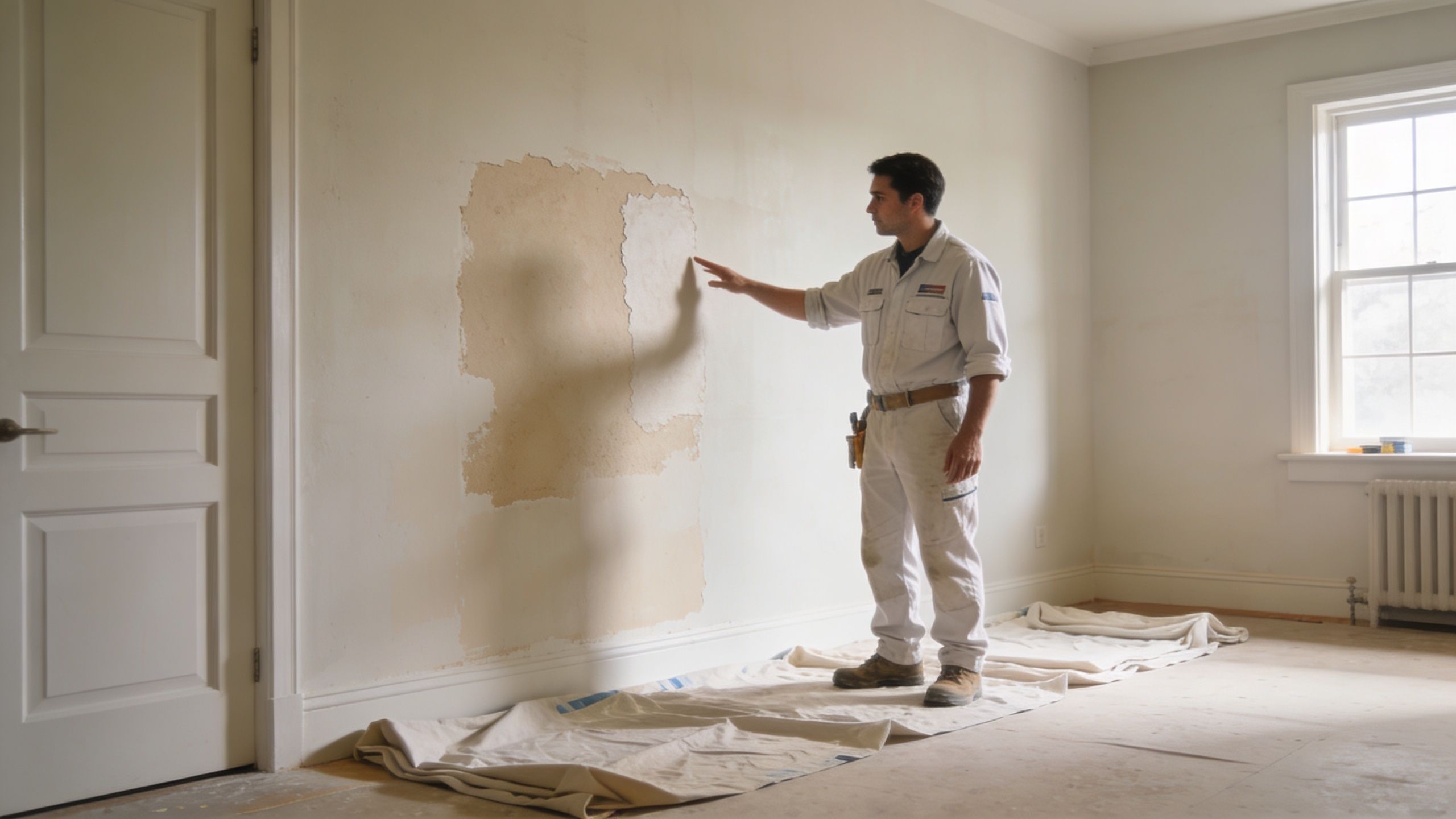 A professional contractor examining a damaged section of a wall for drywall repair in a room.