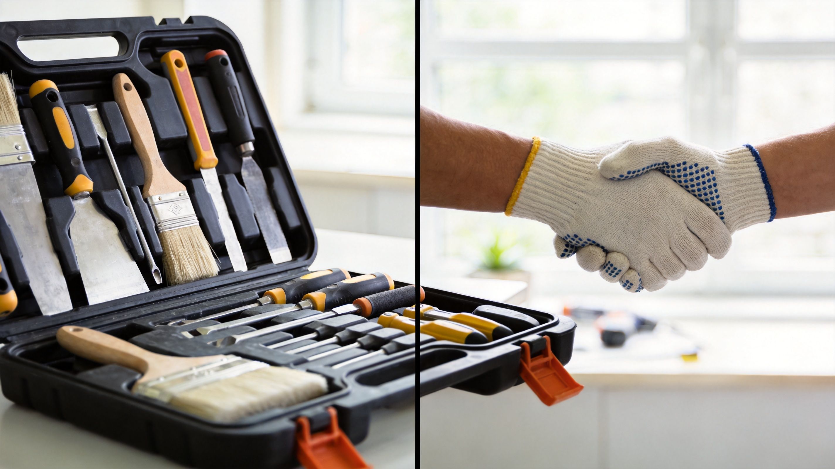A professional tool kit with brushes and scrapers alongside a handshake between two workers wearing gloves.