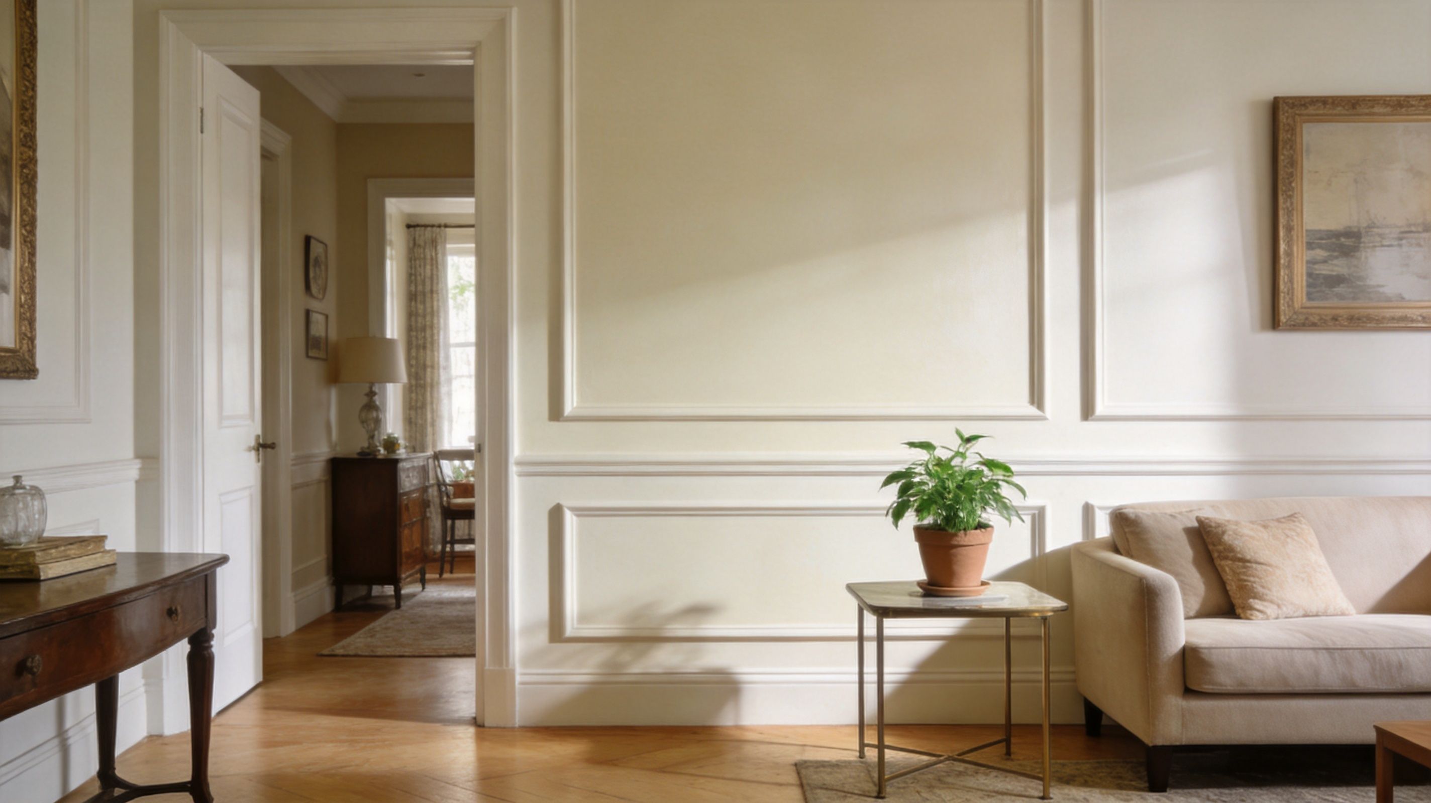 A sophisticated living room featuring light-colored panelled walls, elegant furniture, and a potted plant on a table.