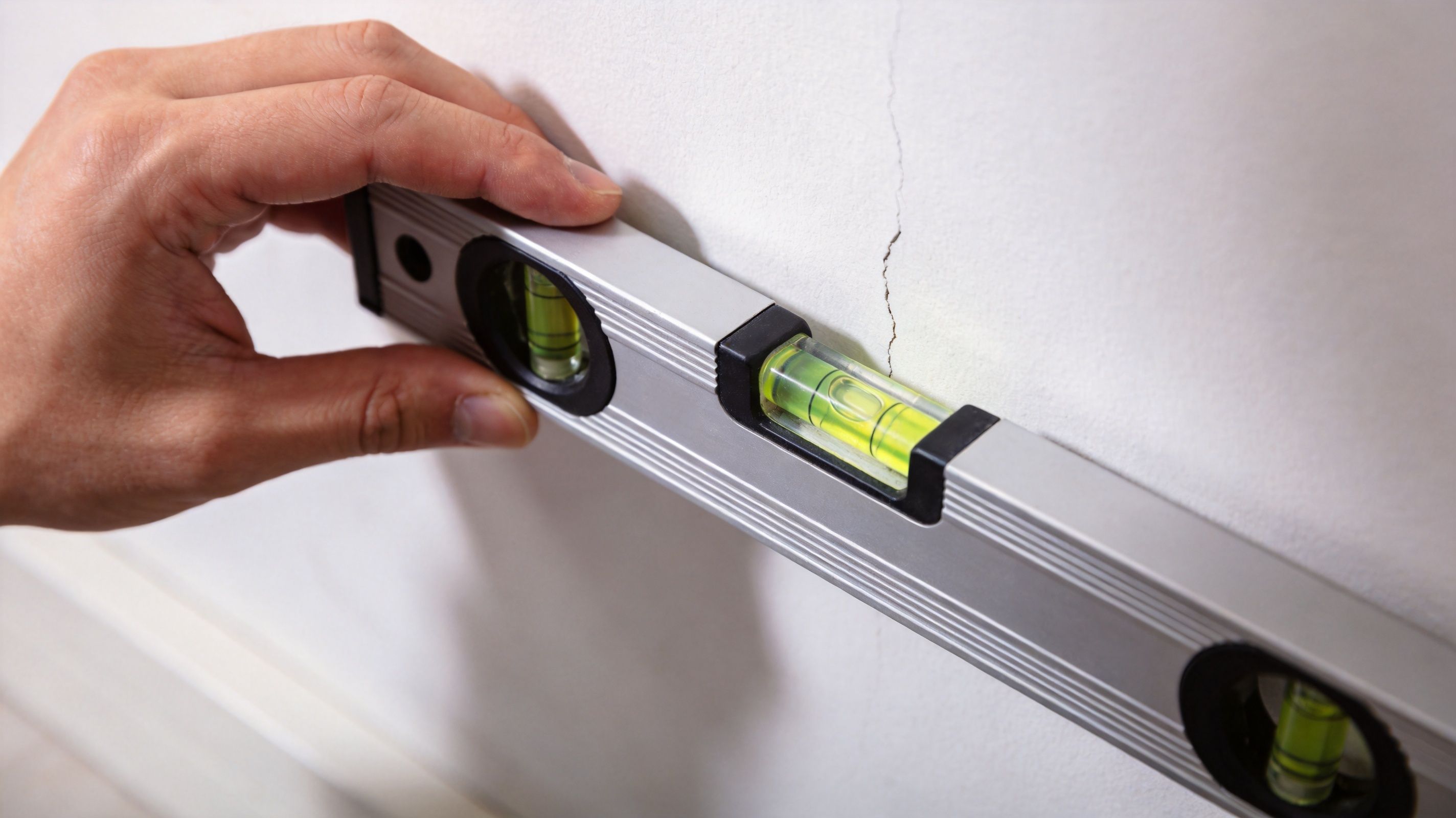 A close up view of a hand holding a spirit level against a cracked white drywall surface.