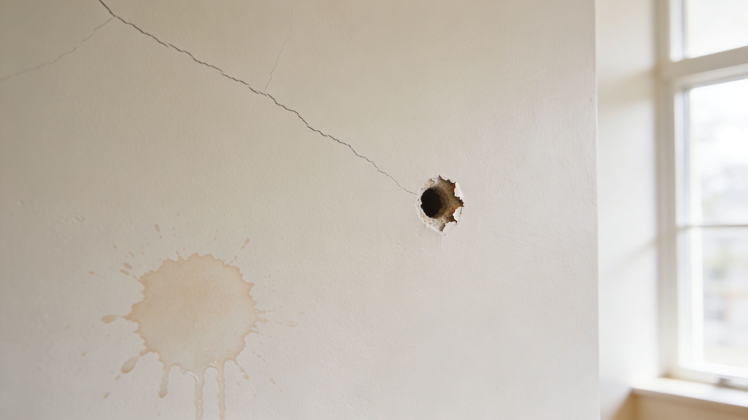 A beige drywall surface featuring a round hole, a large water stain, and a long structural crack.