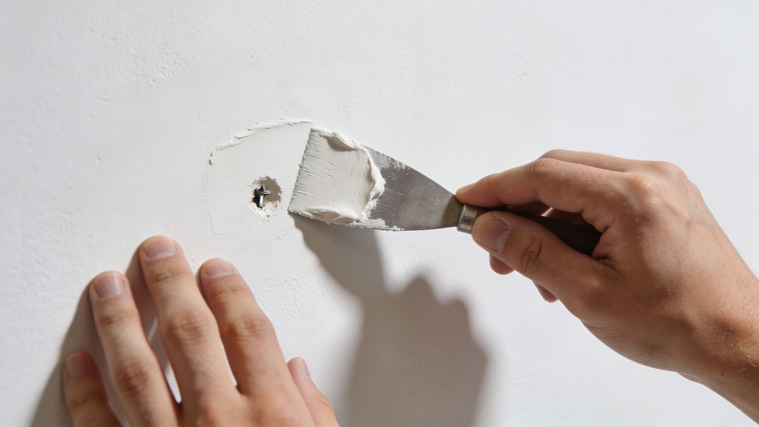 A person using a metal putty knife to spread joint compound over a hole in a wall.