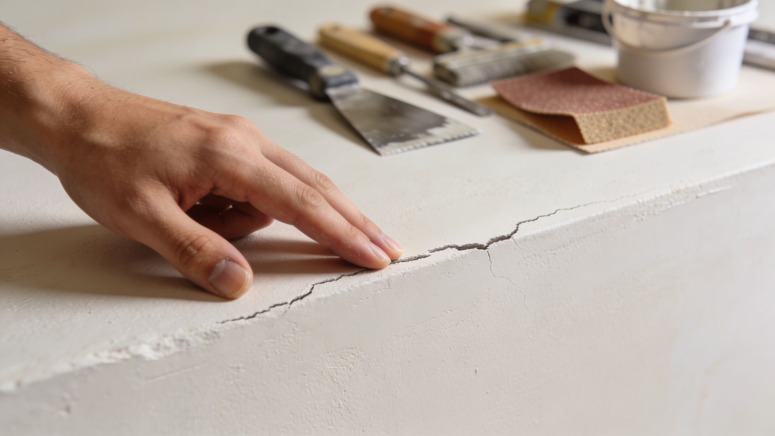 A hand touches a crack on a plaster wall surface with construction tools in the background.