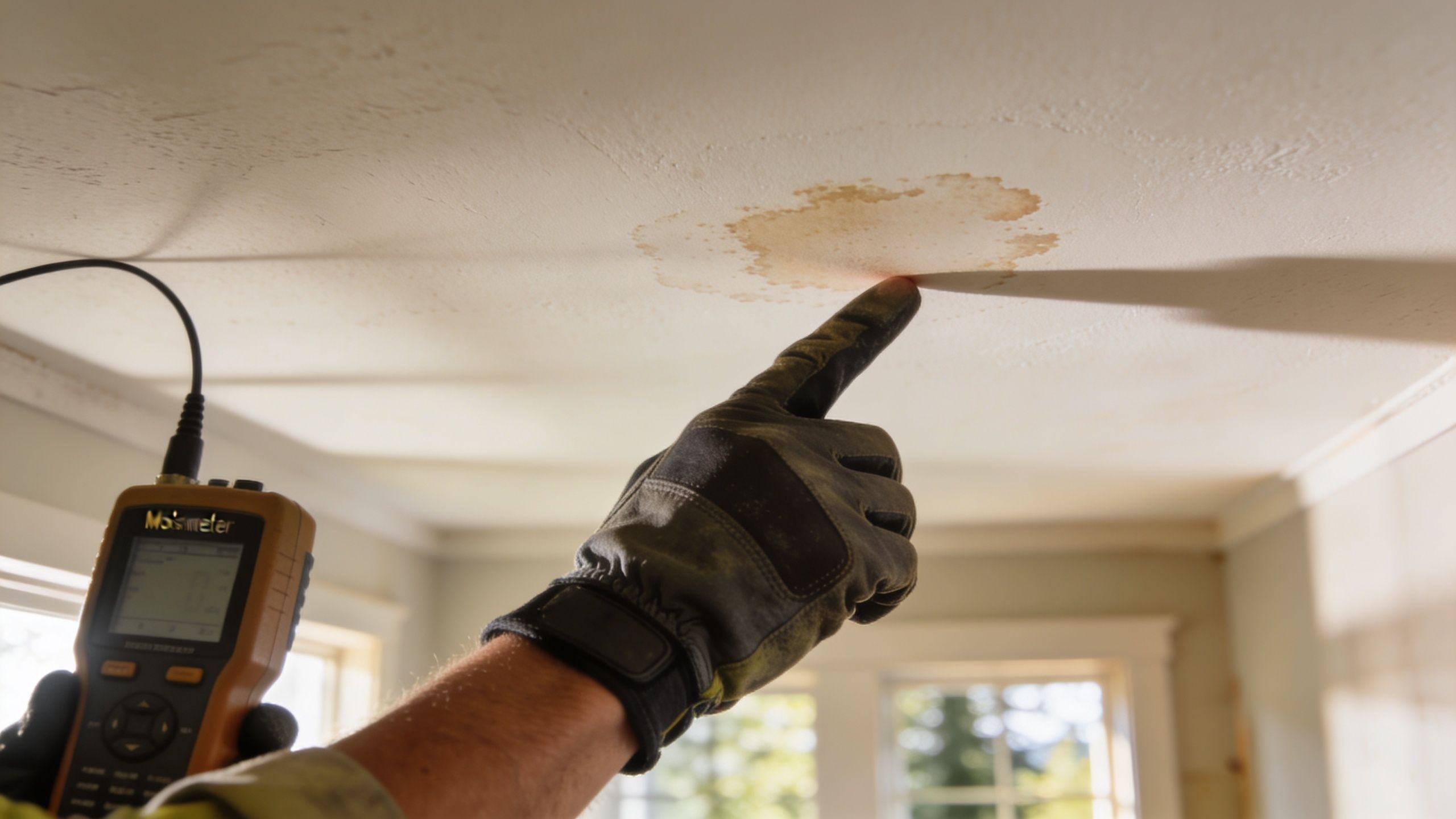 A professional inspector points to a water damage stain on a home ceiling while holding a moisture meter.