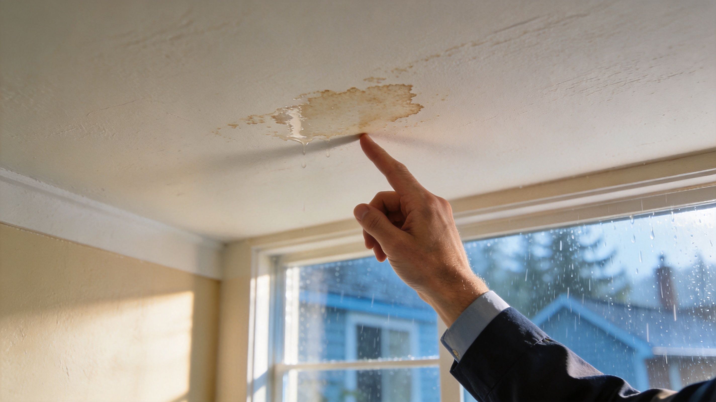 A person pointing to a leaking, water-damaged patch on a residential ceiling near a window.