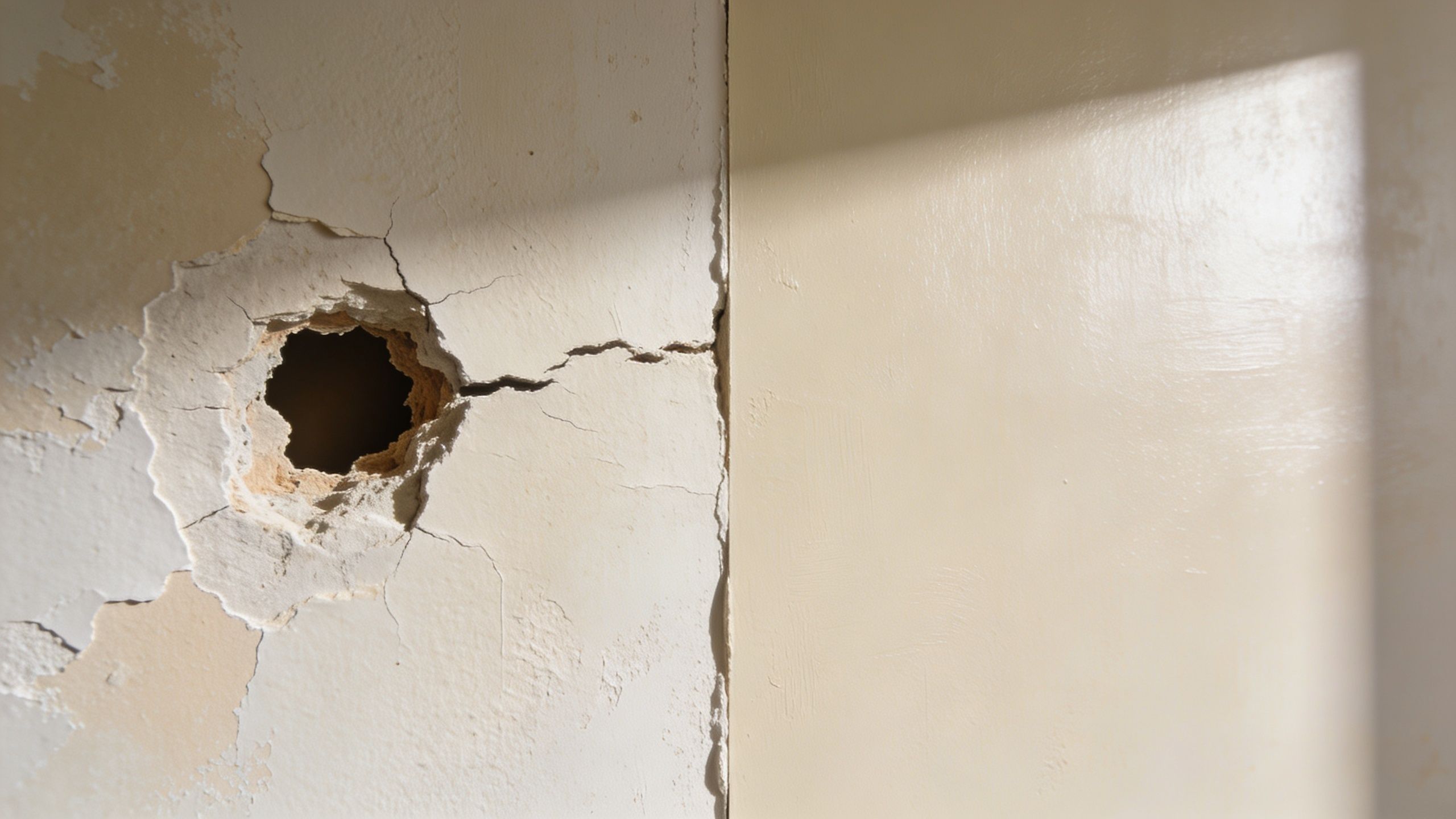 A damaged white plaster wall with a large hole and cracks next to a smooth tan wall.