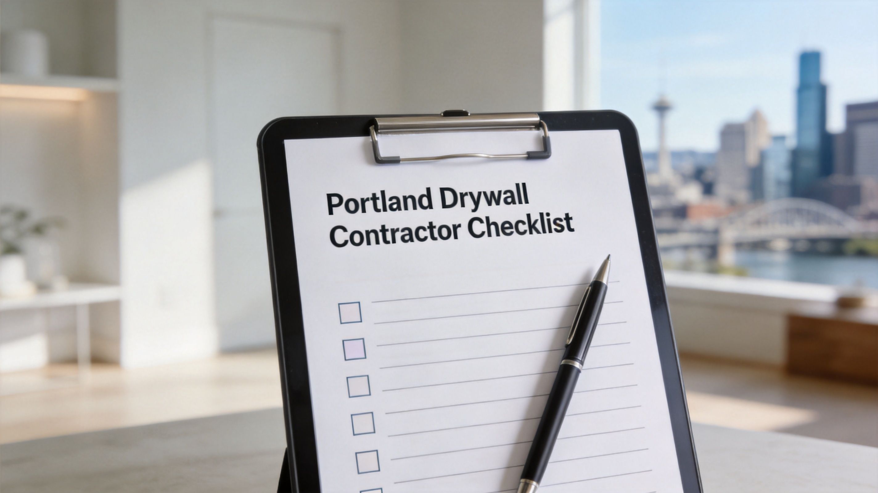 A professional clipboard with a drywall contractor checklist and a pen, set against a city skyline background.