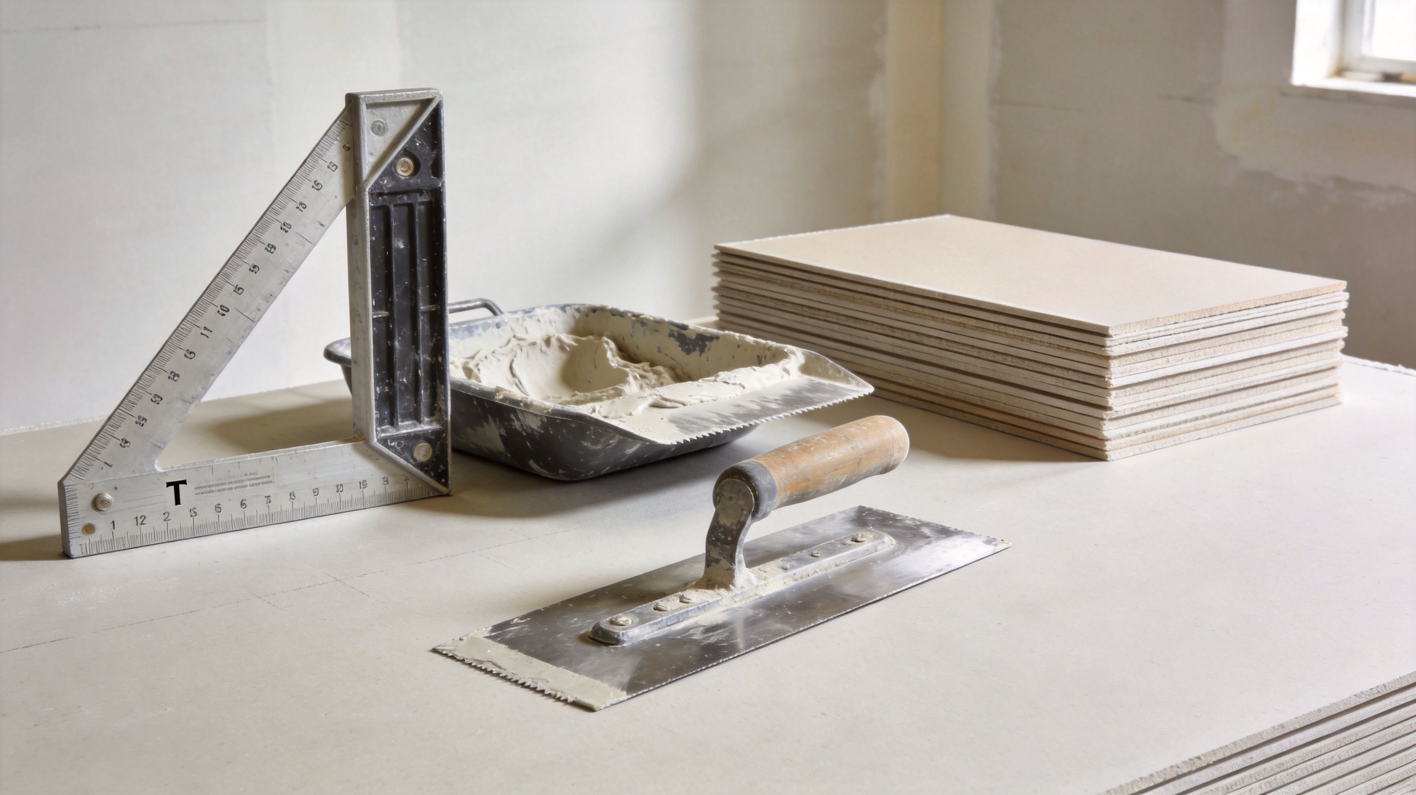 A drywall trowel, mud pan, and carpenter square resting on a stack of drywall sheets.