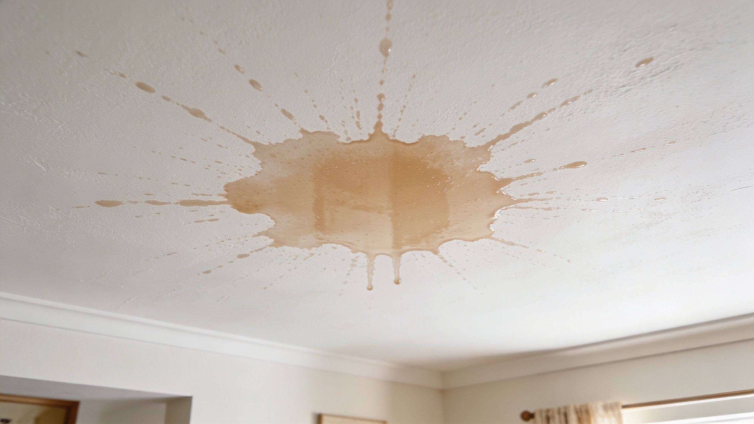 A large brown water stain spreading across a white residential ceiling indicating severe drywall water damage.