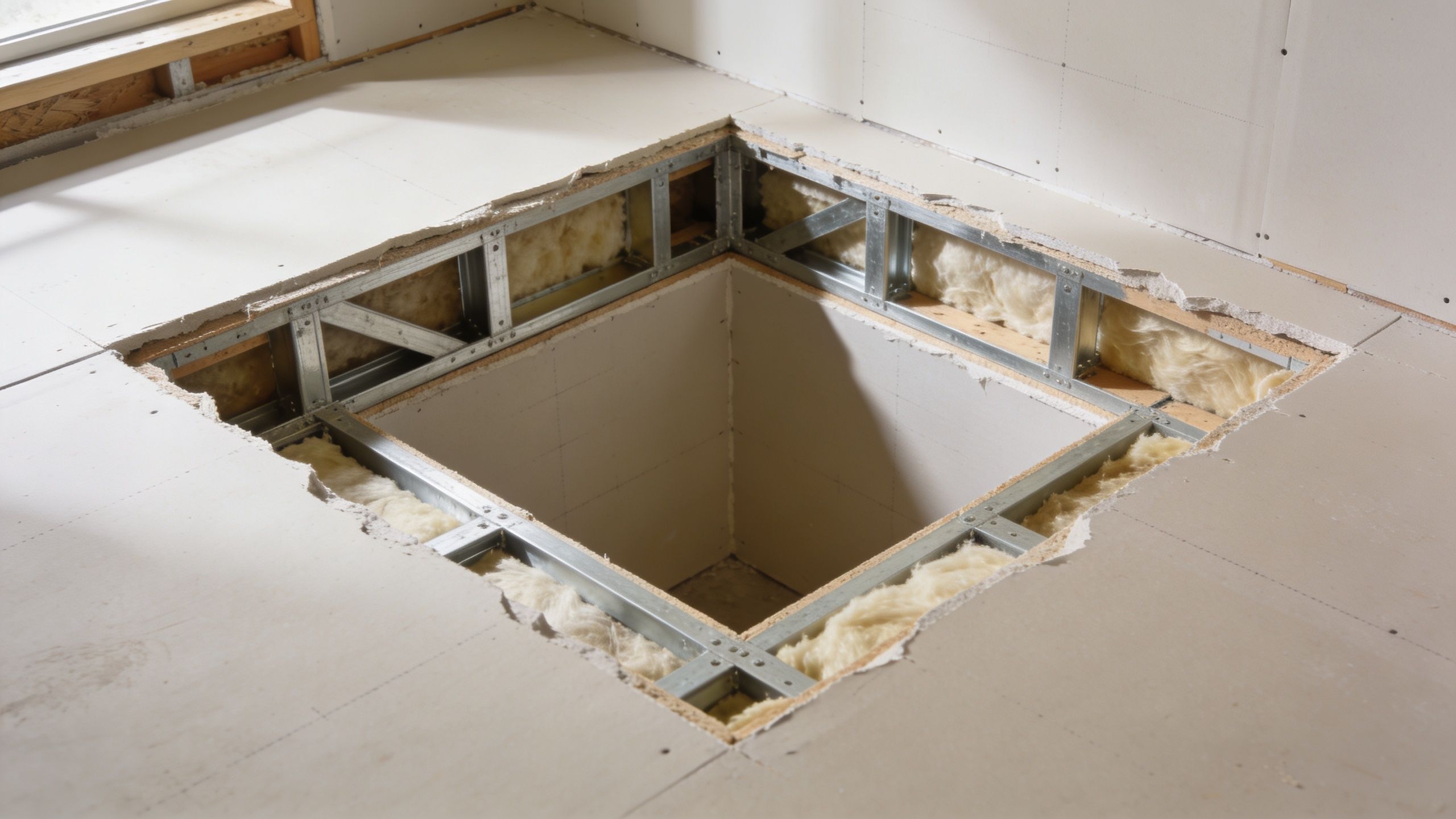 A square opening cut into a room's drywall floor, revealing the metal framing and insulation underneath.
