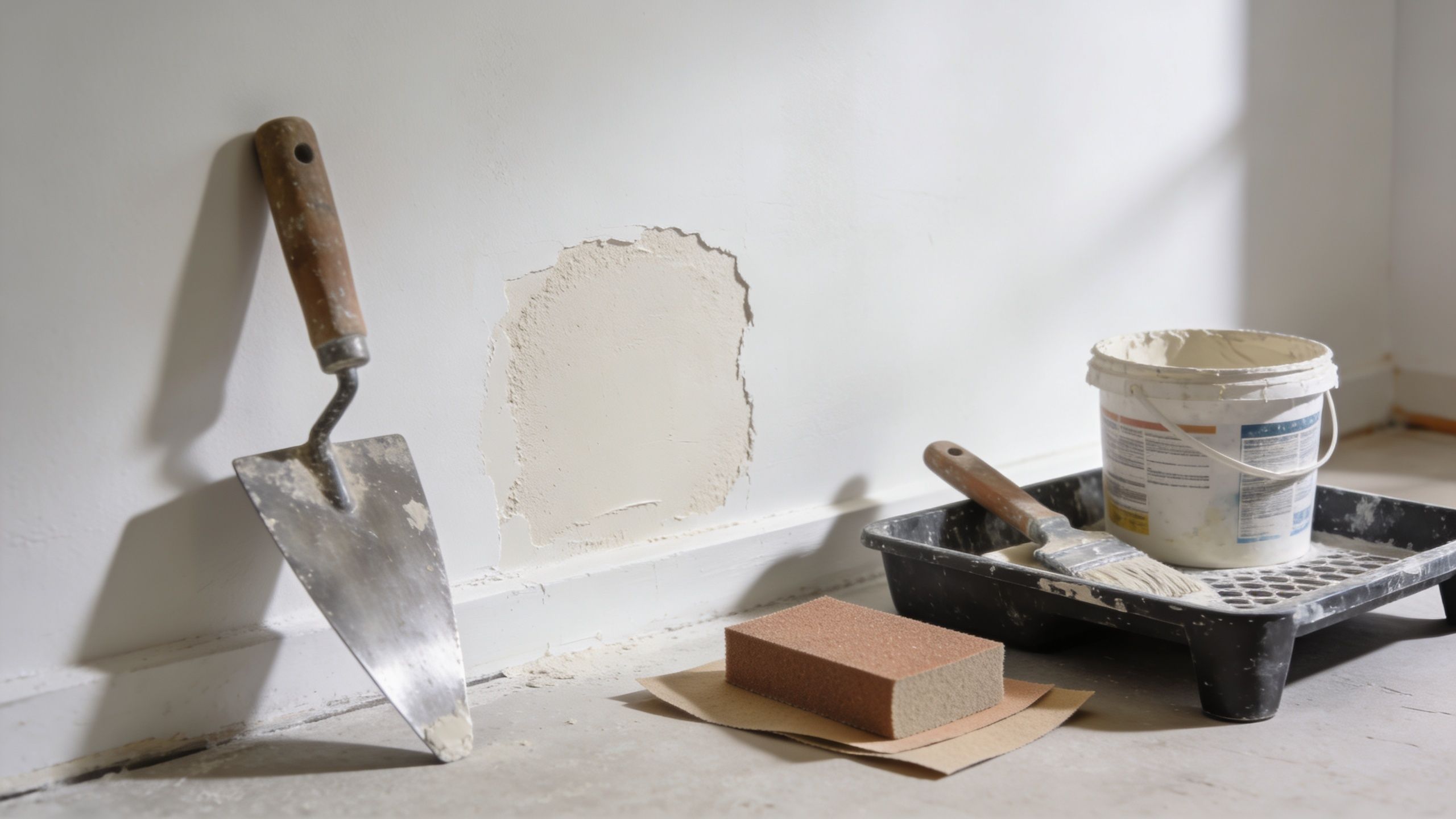 Tools and materials for home repair laid out on a floor near a damaged drywall patch.