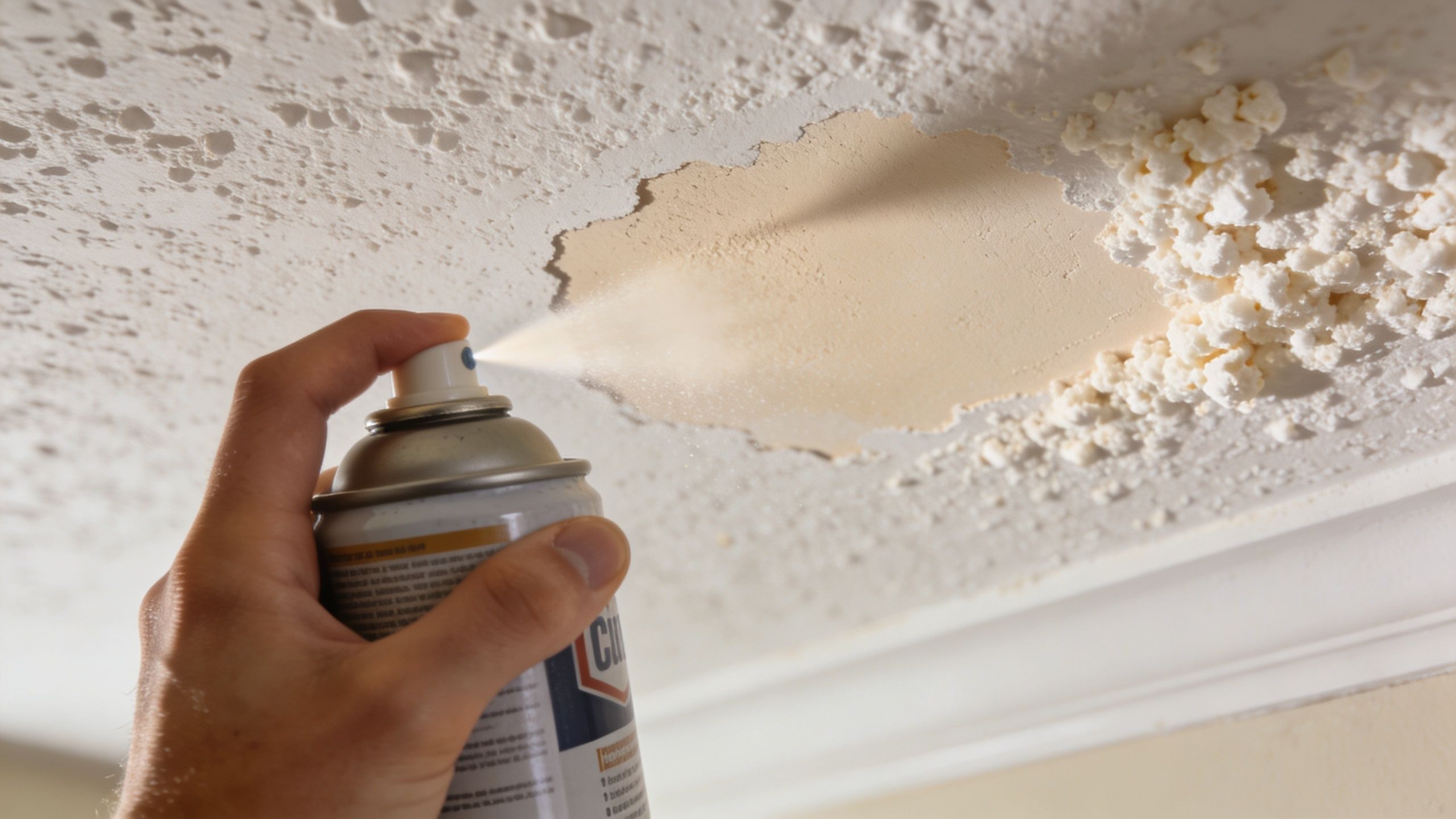 A hand uses a spray can to apply texture to a repaired patch on a ceiling.