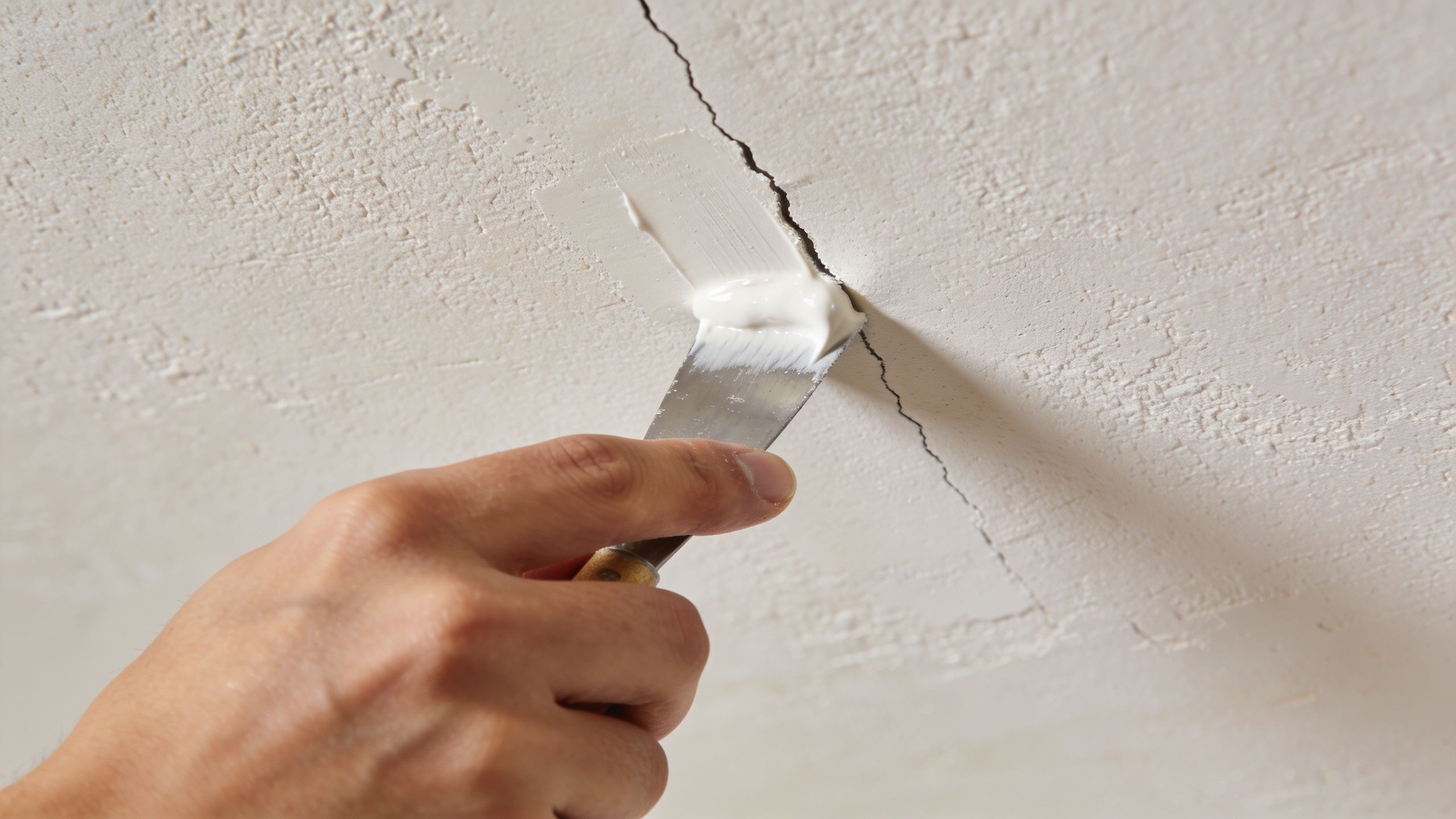 A close-up view of a person using a metal putty knife to repair a cracked textured ceiling.