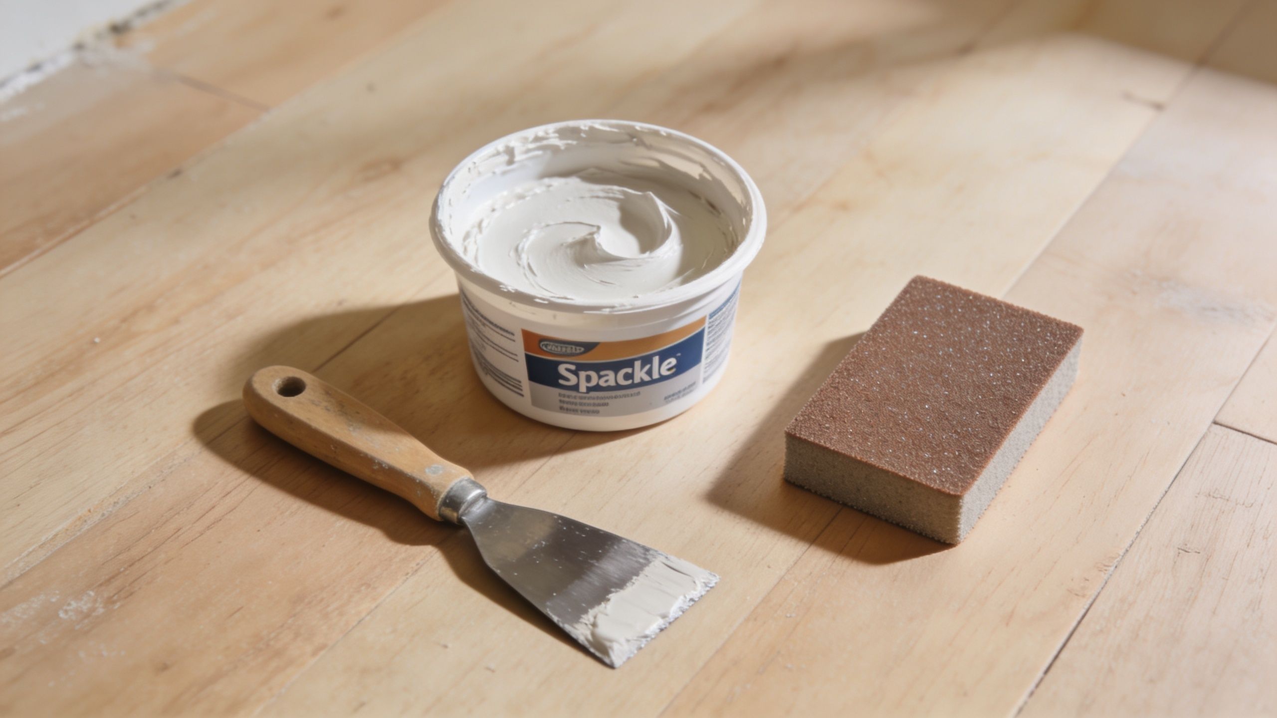 A container of spackle, a metal putty knife, and a sanding block placed on wooden floorboards.