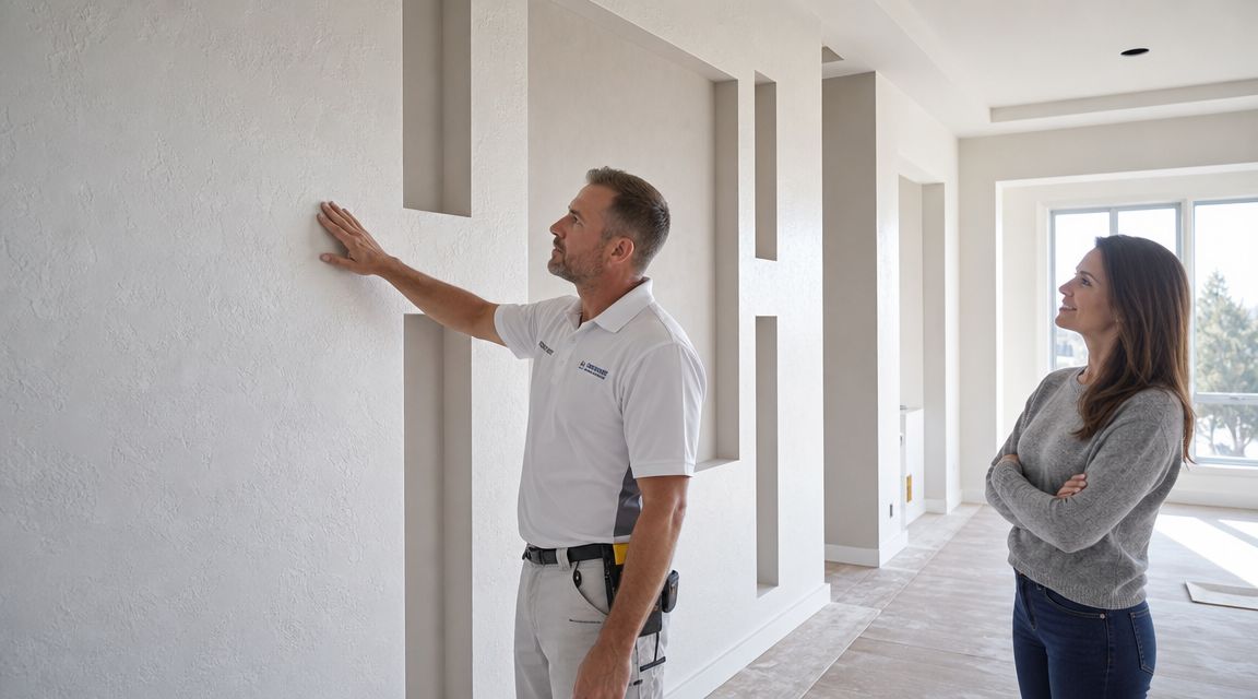 A professional home inspector shows a woman a textured drywall finish during a new construction walkthrough.