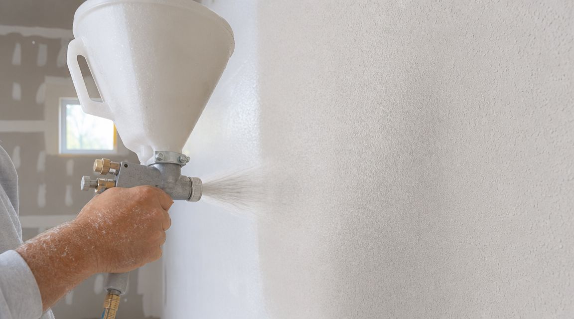 A close-up view of a professional using a spray gun to apply texture onto a drywall surface.