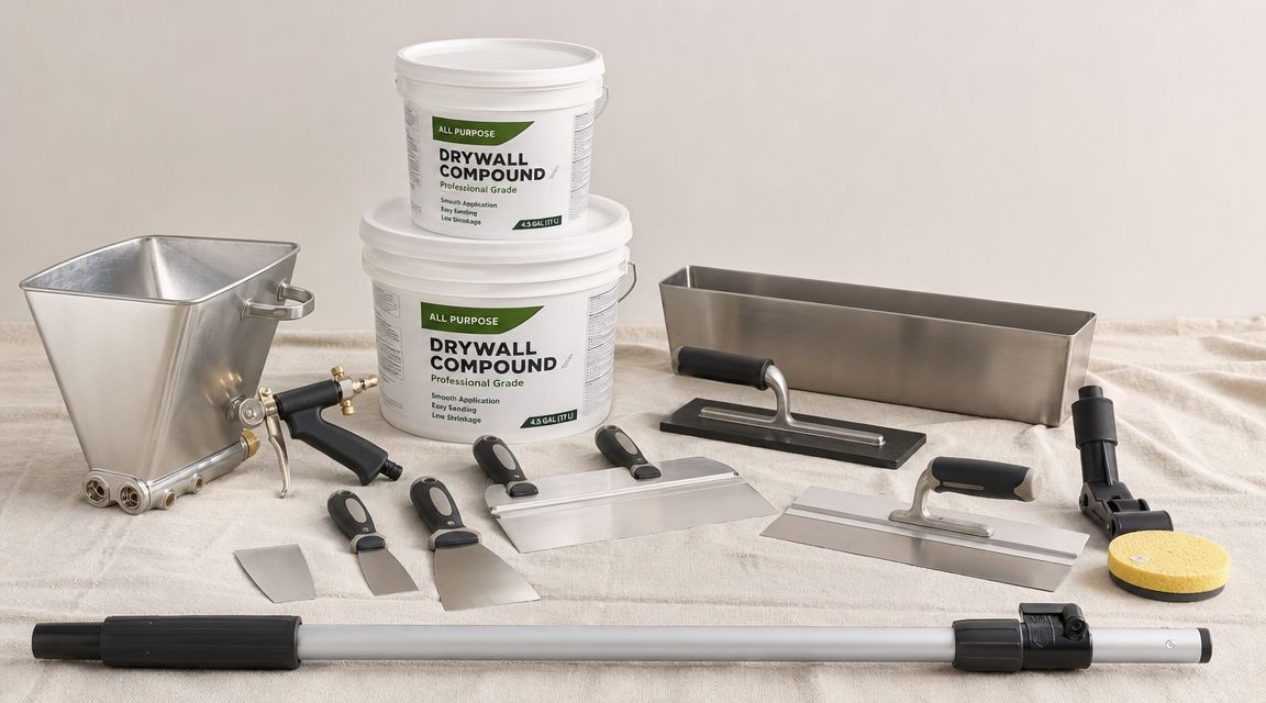 Professional drywall finishing tools including compound buckets, spatulas, knives, and an extension pole on a cloth surface.