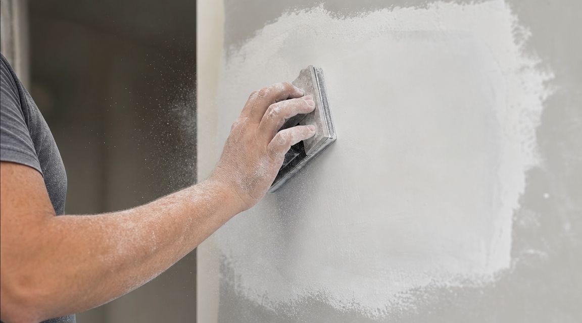 A construction worker sanding a drywall surface with a hand sanding block to create a smooth finish.