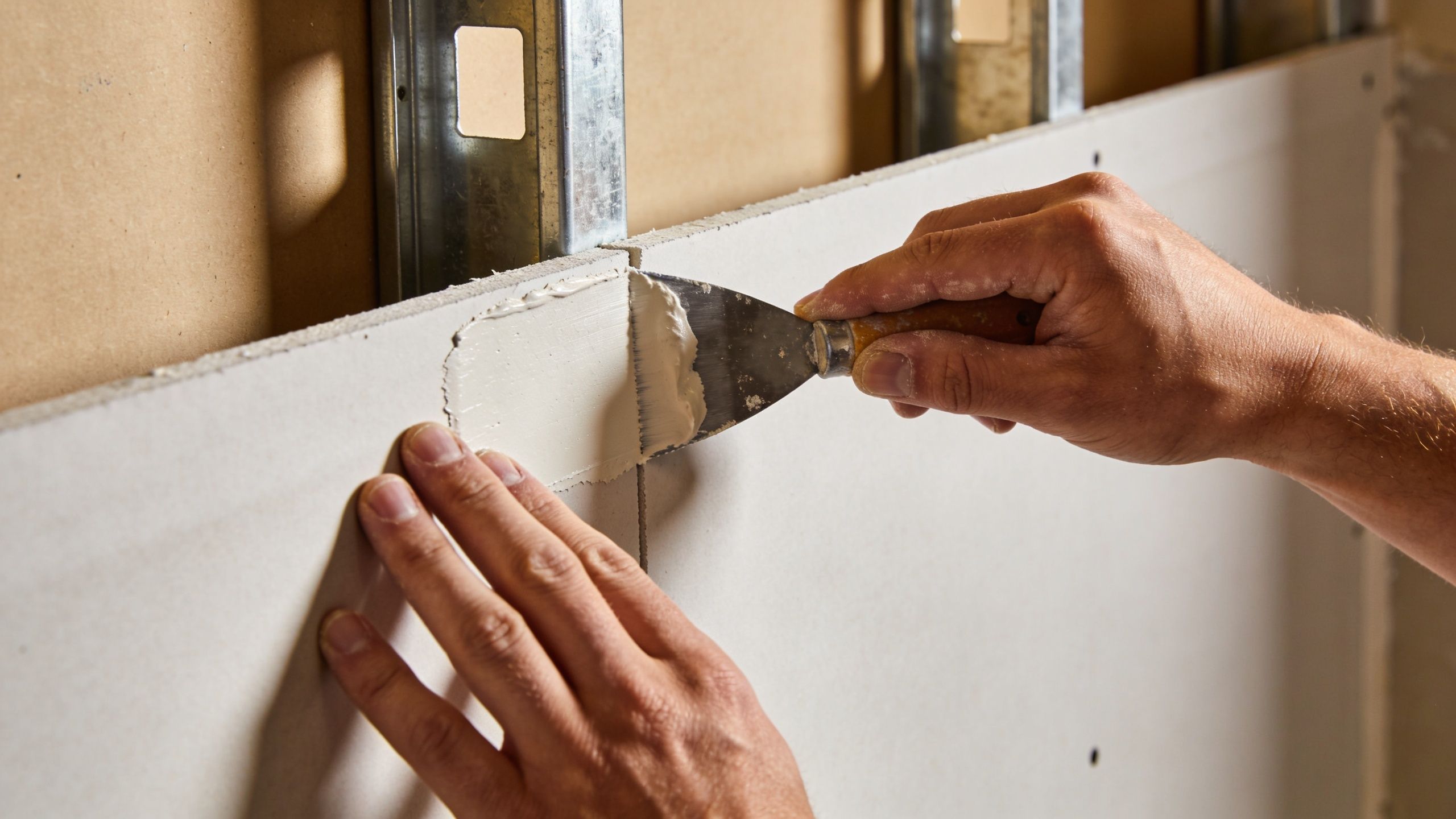 A construction worker applying joint compound with a metal putty knife to the seam between drywall panels.