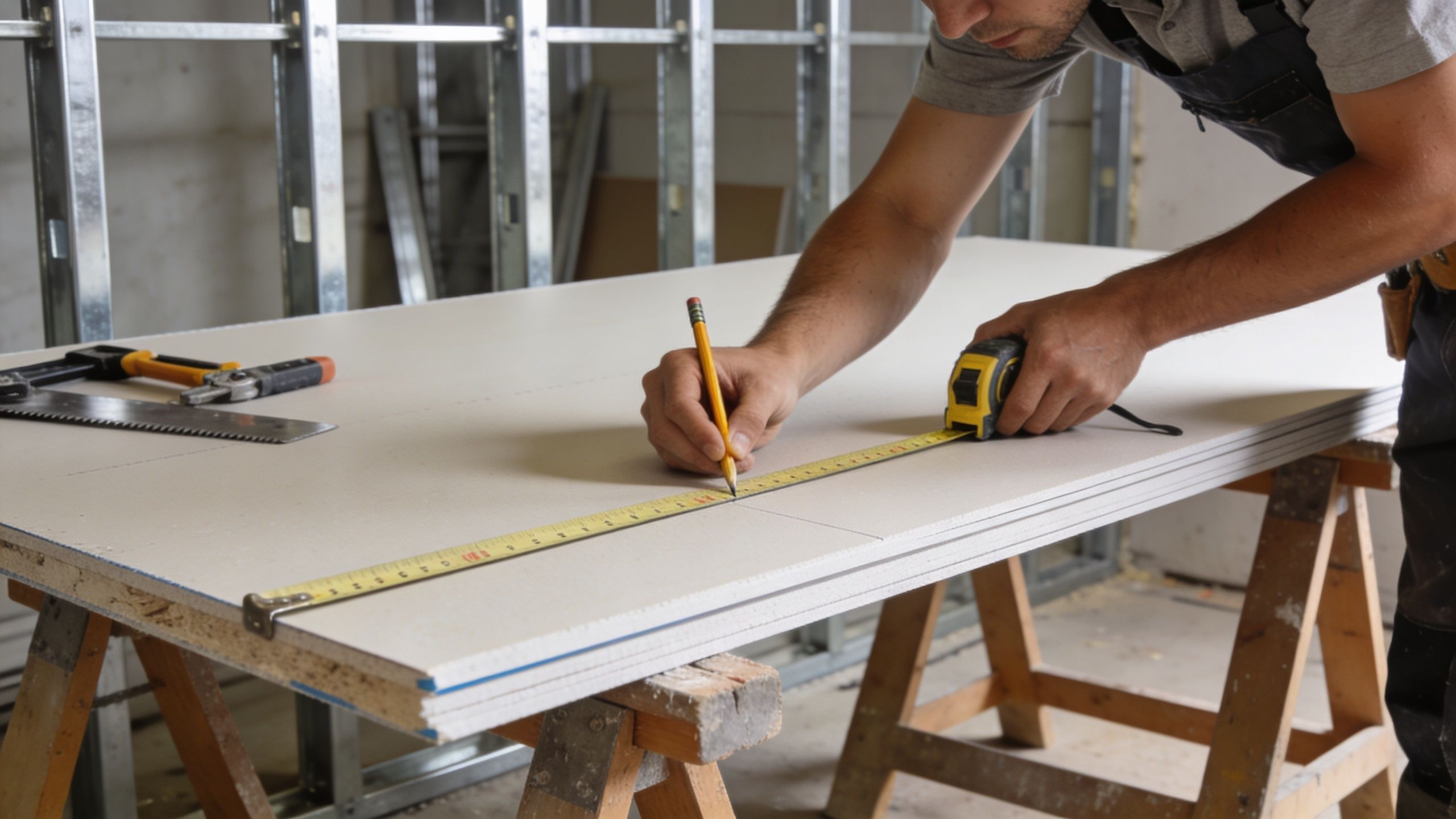 A construction worker measuring and marking drywall on a wooden sawhorse in a room with metal studs.