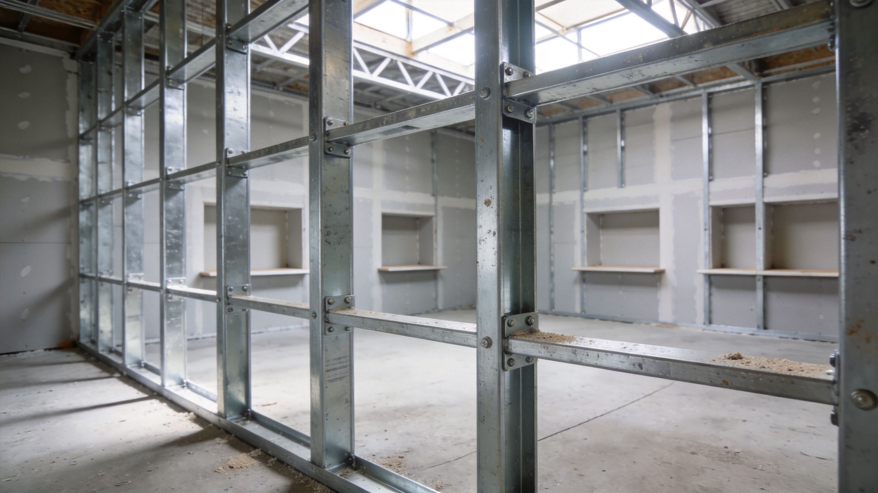 A construction site showing steel stud framing for walls with drywall panels installed in a commercial space.