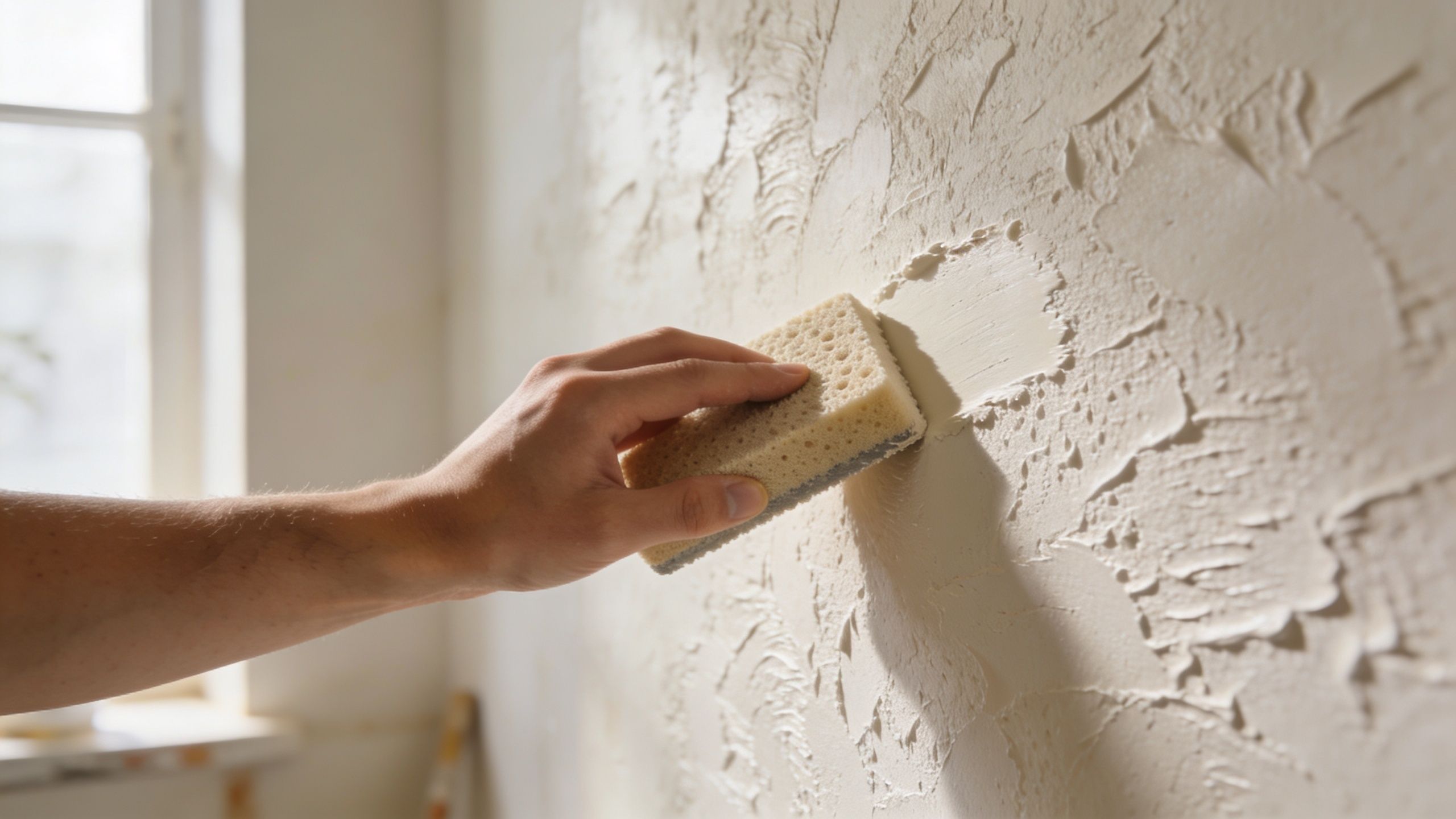 A close-up view of a hand using a yellow sponge to smooth textured wall plaster.