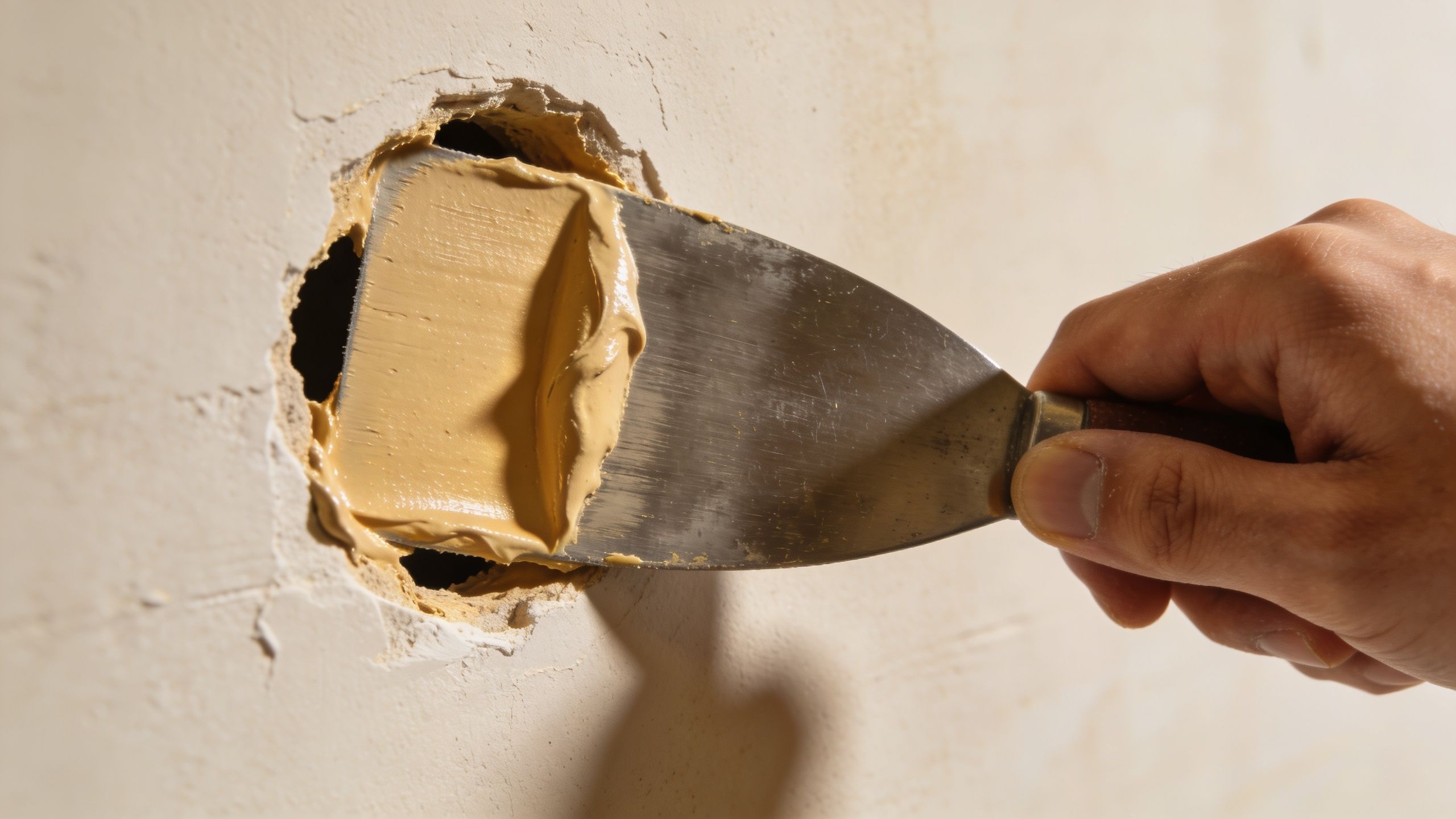 A hand using a metal putty knife to apply plaster filler over a hole in a wall.